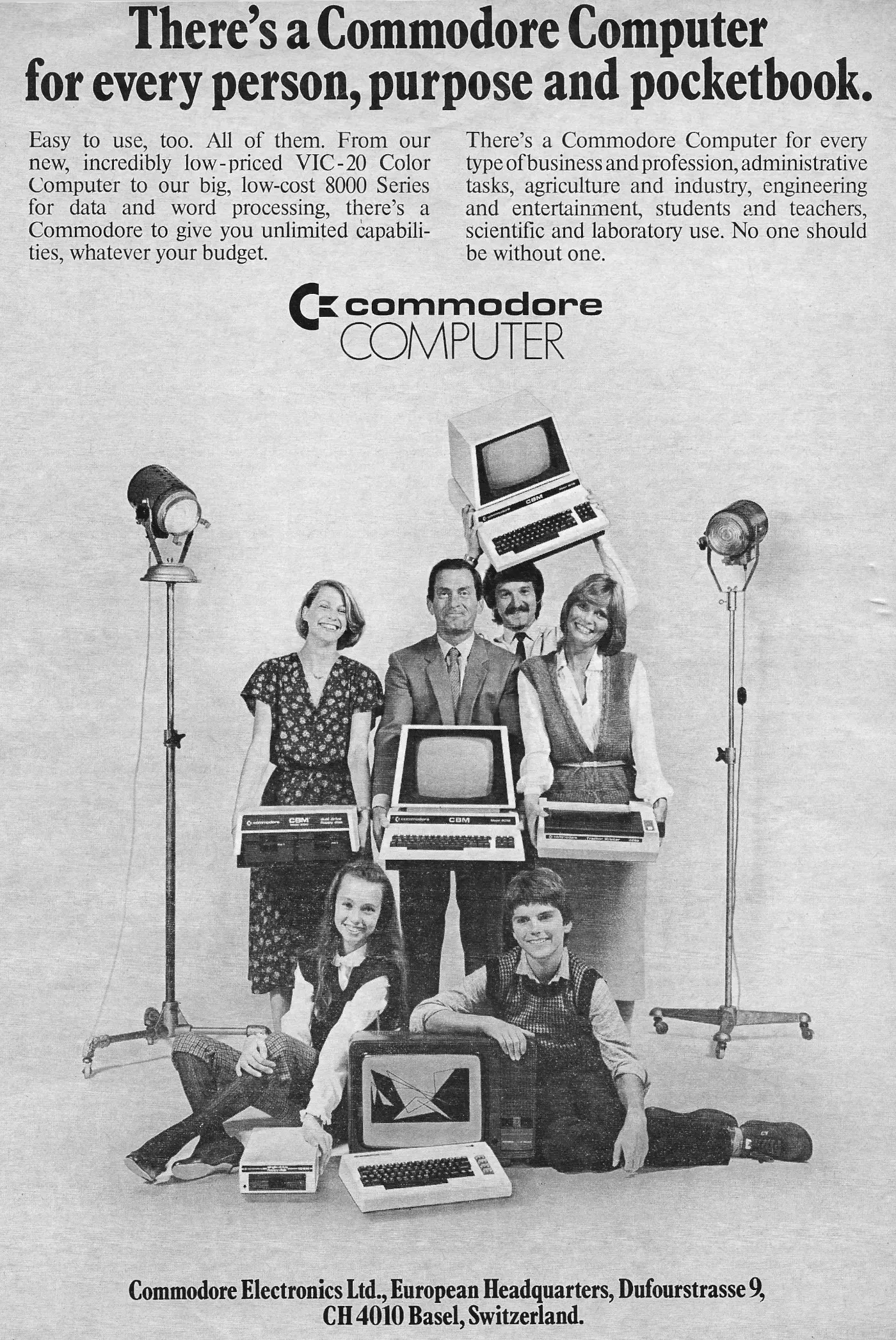 Commodore Advert: <b>There's a Commodore Computer for every person, purpose and pocketbook</b>, from Practical Computing, June 1983