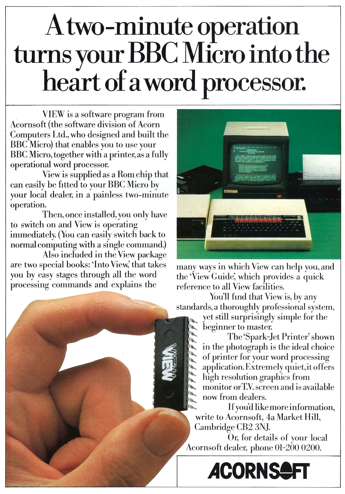 Acorn Advert: A two-minute operation turns your BBC Micro into the heart of a word-processor, from Practical Computing, June 1983