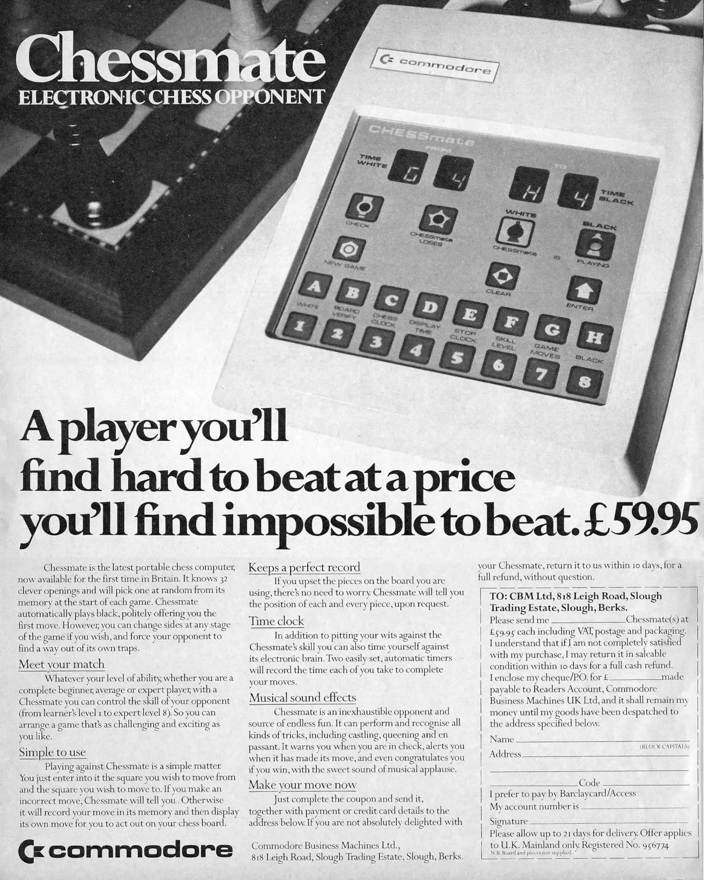 Commodore Advert: Chessmate Electronic Chess Opponent - a player you'll find hard to beat at a price that's impossible to beat, from Sunday Times, 7th October 1979