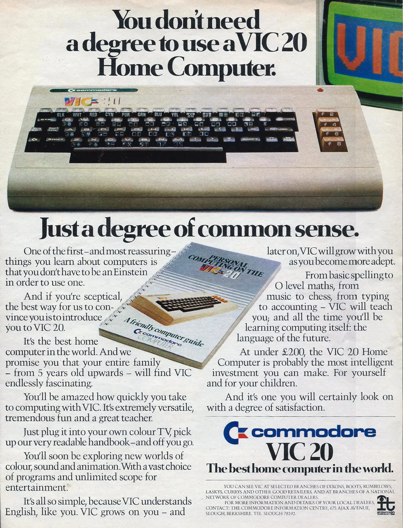 Commodore Advert: <b>You don't need a degree to use a VIC-20 Home Computer - just a degree of common sense</b>, from Magazine, December 1981