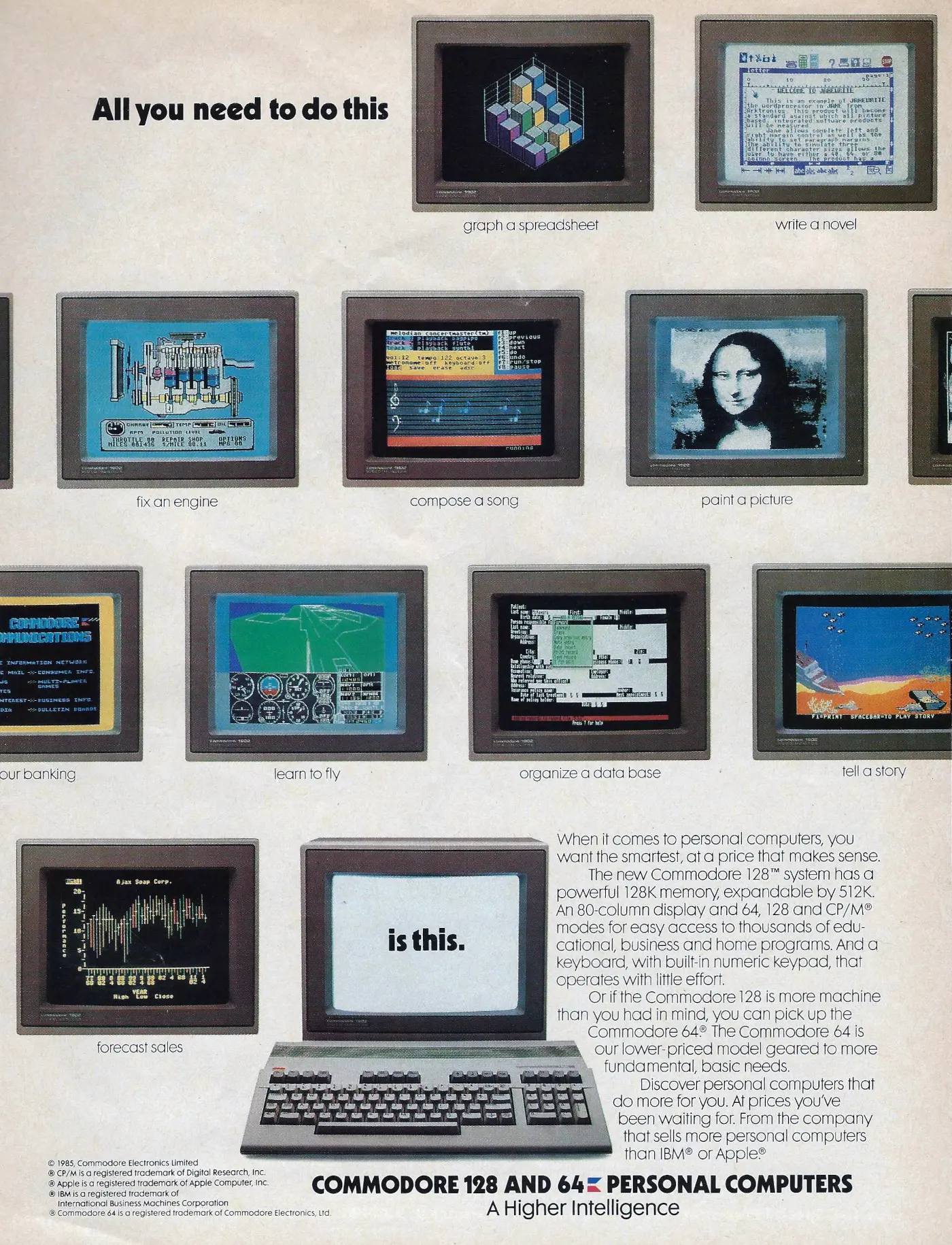 Commodore Advert: All you need to do this, is this: The Commodore 128 and 64, from Sunday Times, July 1985