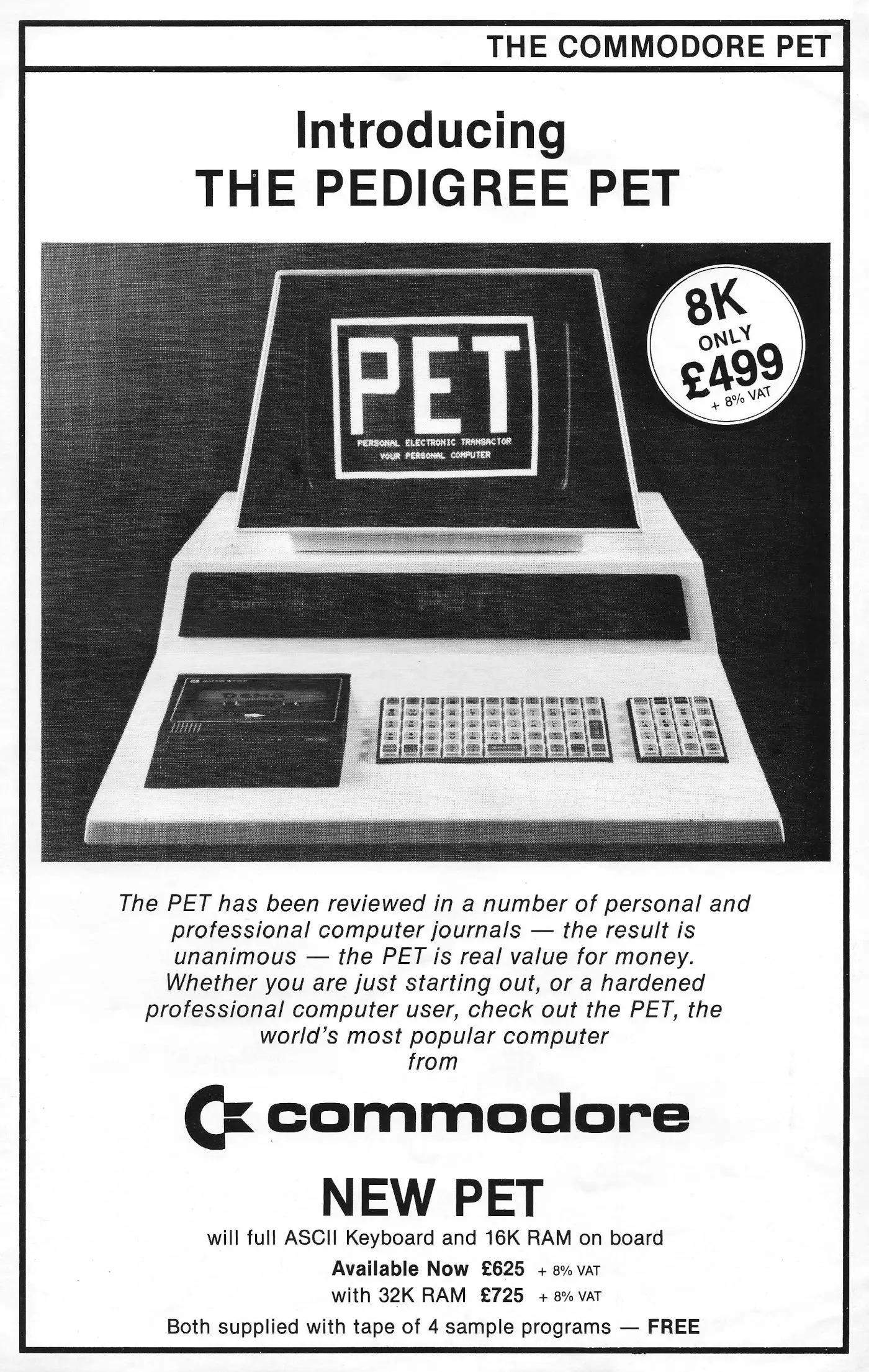 Commodore Advert: Introducing the Pedigree PET - 8K only £499, from Magazine, 1978