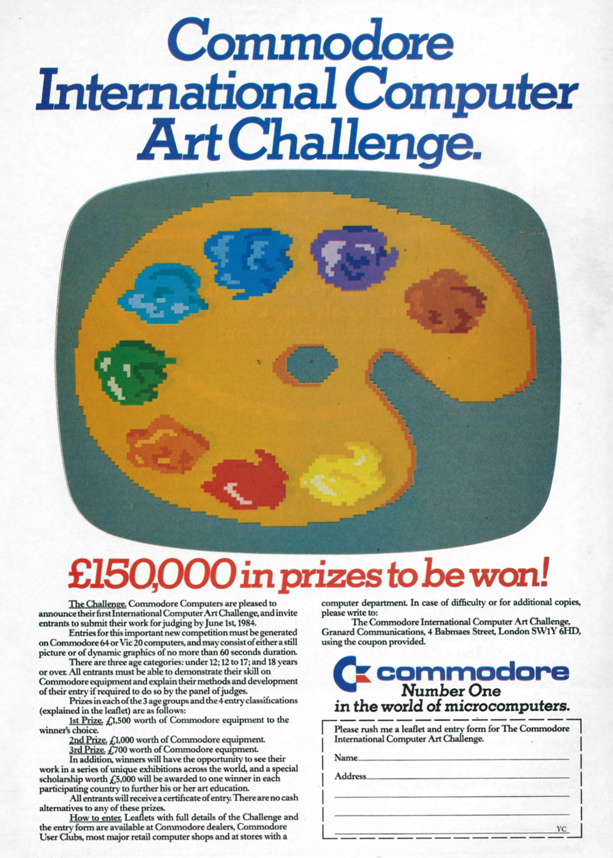An advert for <span class='hilite'><span class='hilite'>Commodore</span></span>'s International Computer Art Challenge, from Your Computer, May 1984