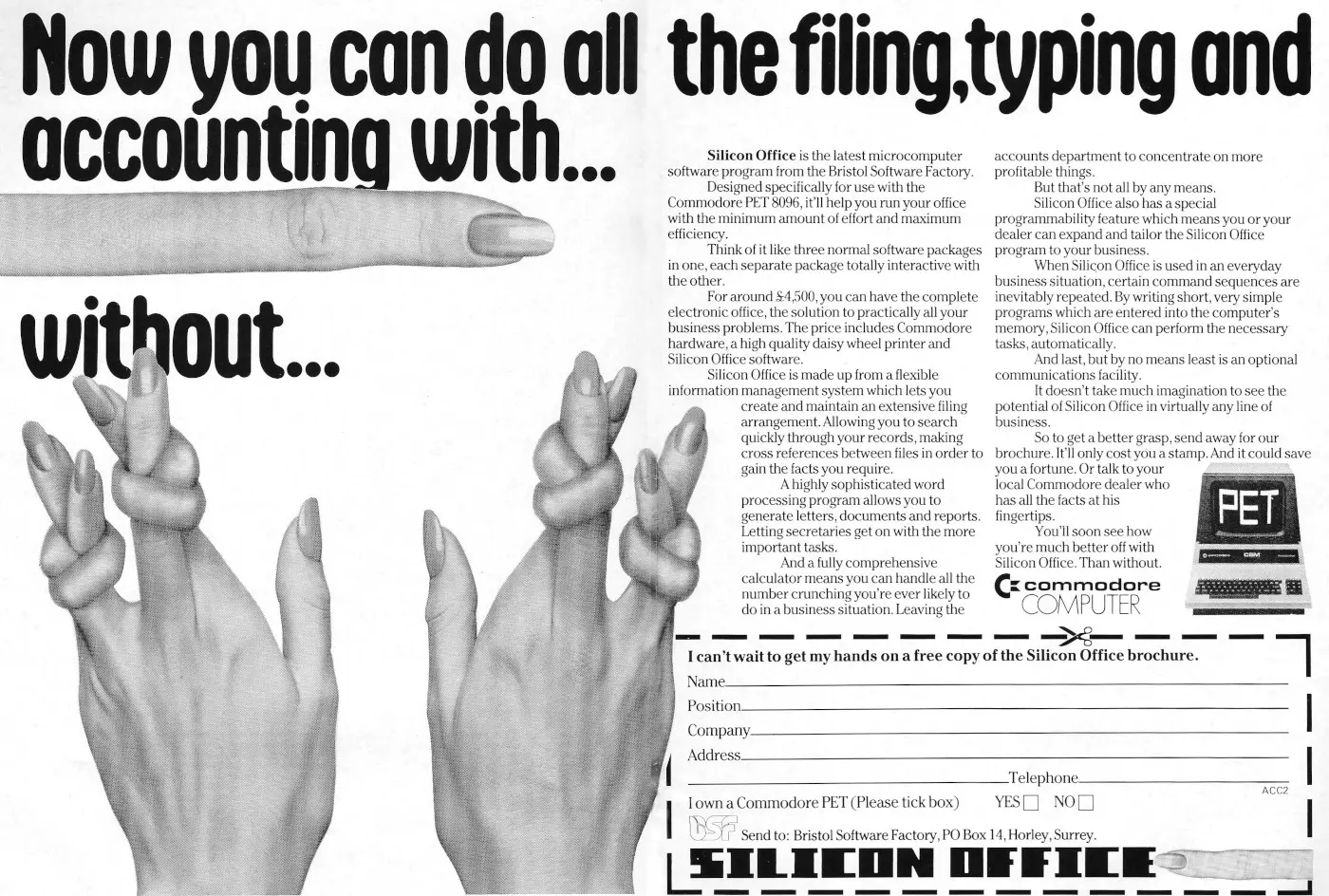 Commodore Advert: Silicon Office: Now you can do all the filing with one finger, from Commodore Computing International, August 1982