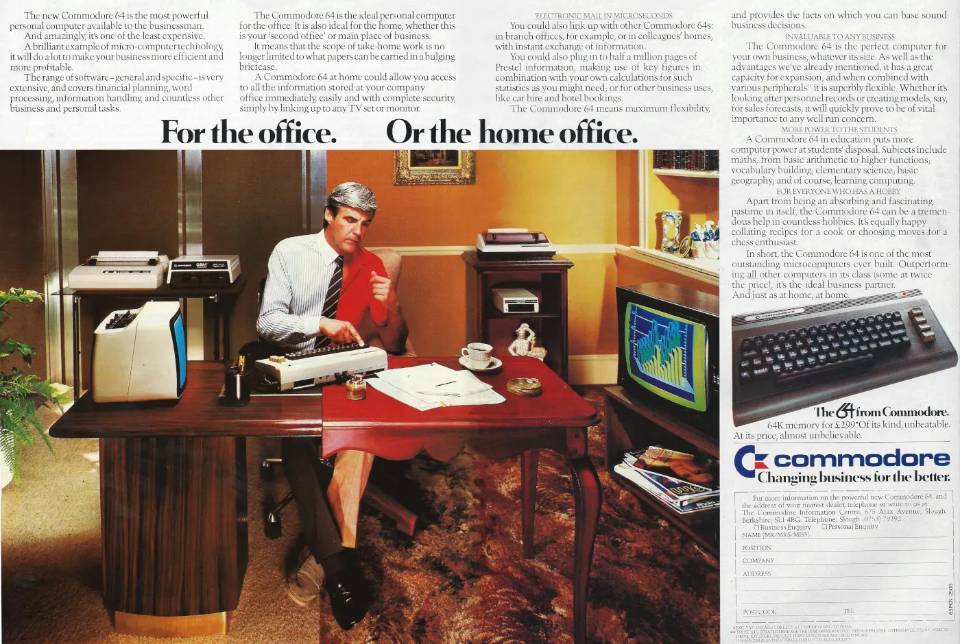 Commodore Advert: For the office. Or the home office., from Personal Computer News, 25th August 1984