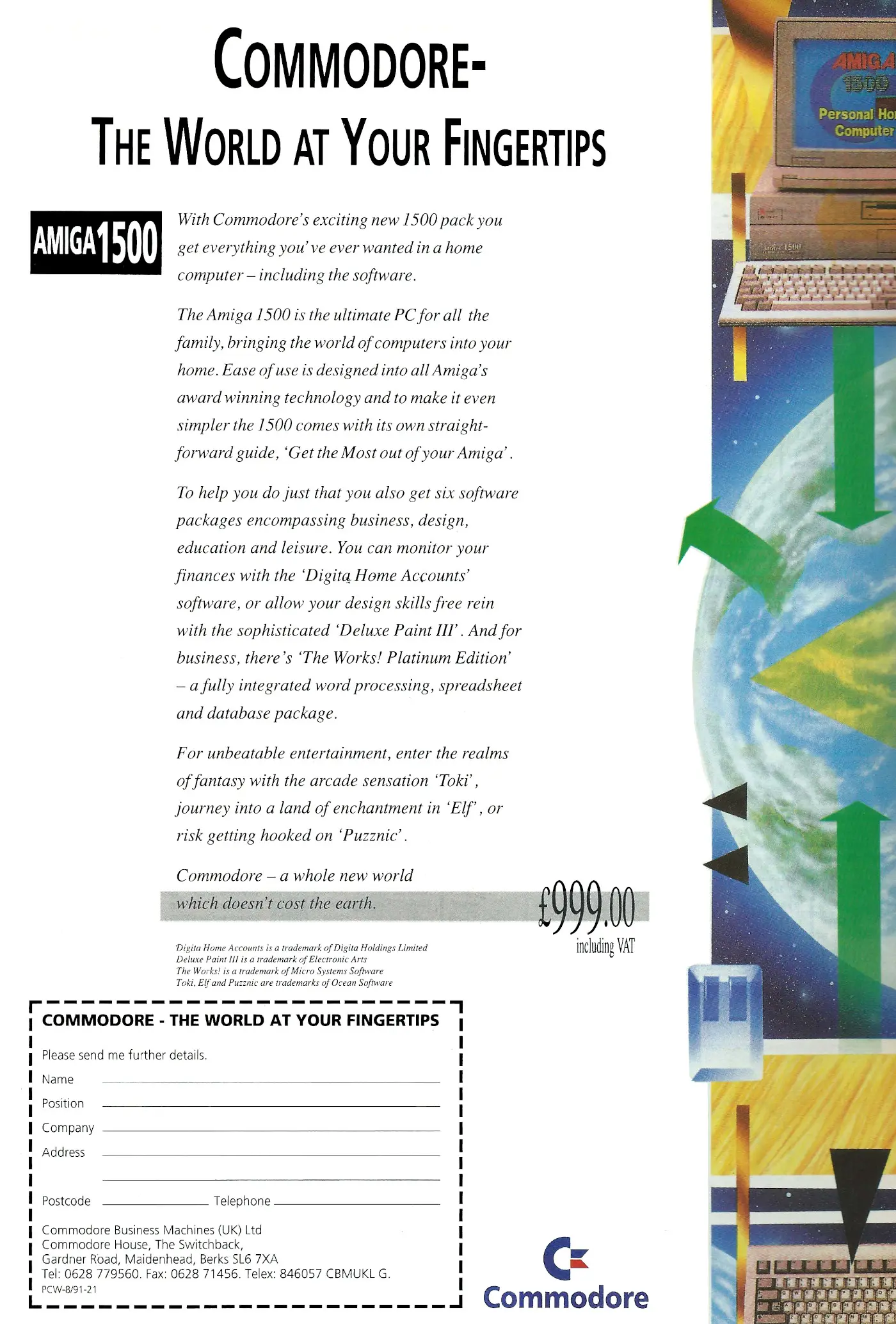 Commodore Advert: Amiga 1500 - the world at your fingertips, from Personal Computer World, October 1991