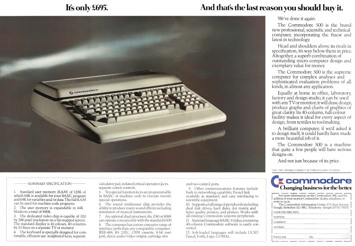 Commodore Advert: It's only £695. And that's the last reason you should buy it., from Personal Computer World, February 1983