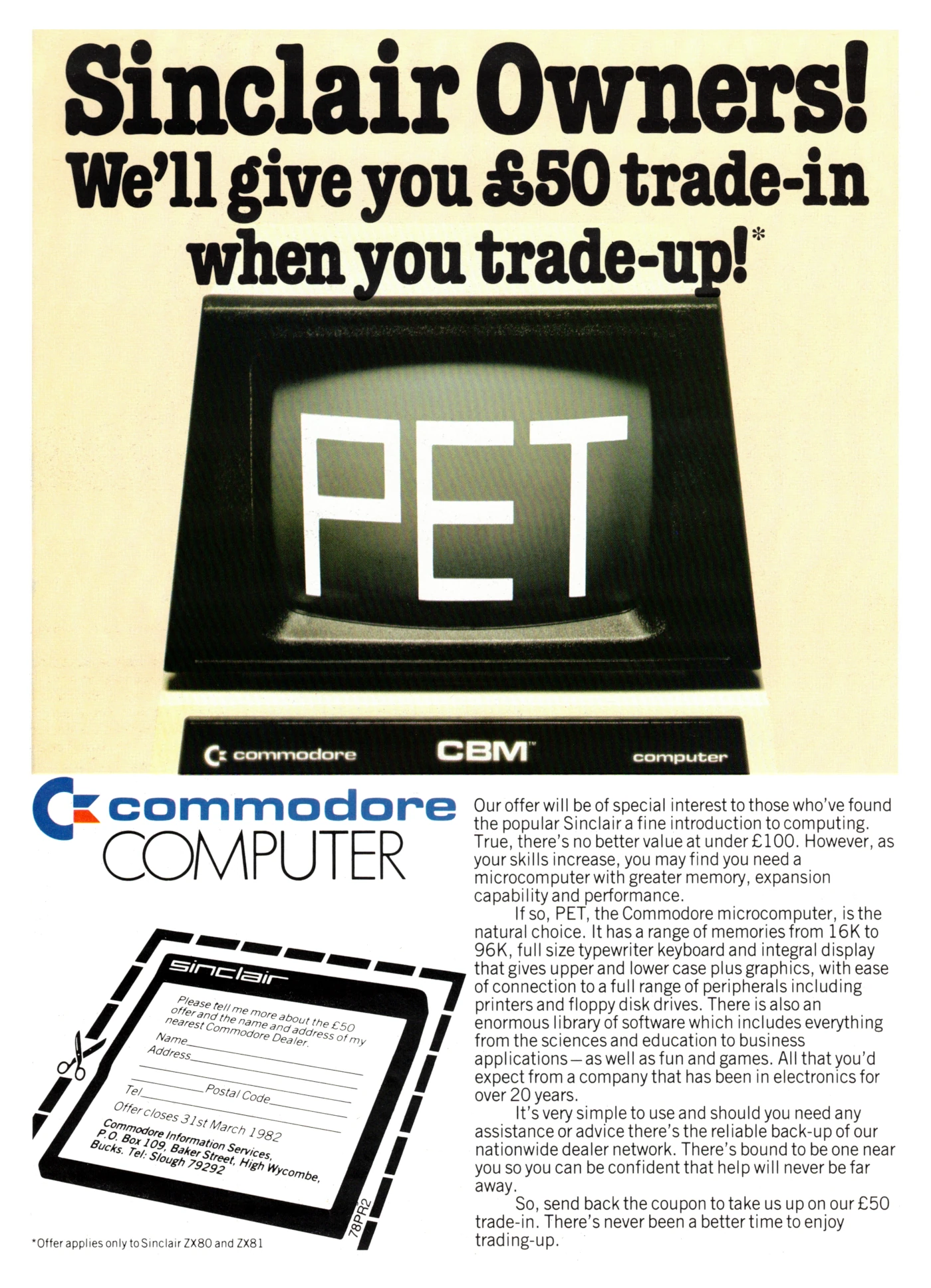Commodore Advert: Sinclair Owners - We'll give you £50 trade-in when you trade-up!, from Practical Computing, February 1982