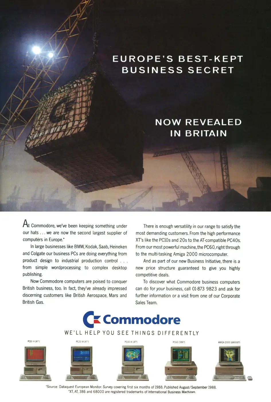 Commodore Advert: Europe's best-kept business secret - Now revealed in Britain, from Personal Computer World, June 1989