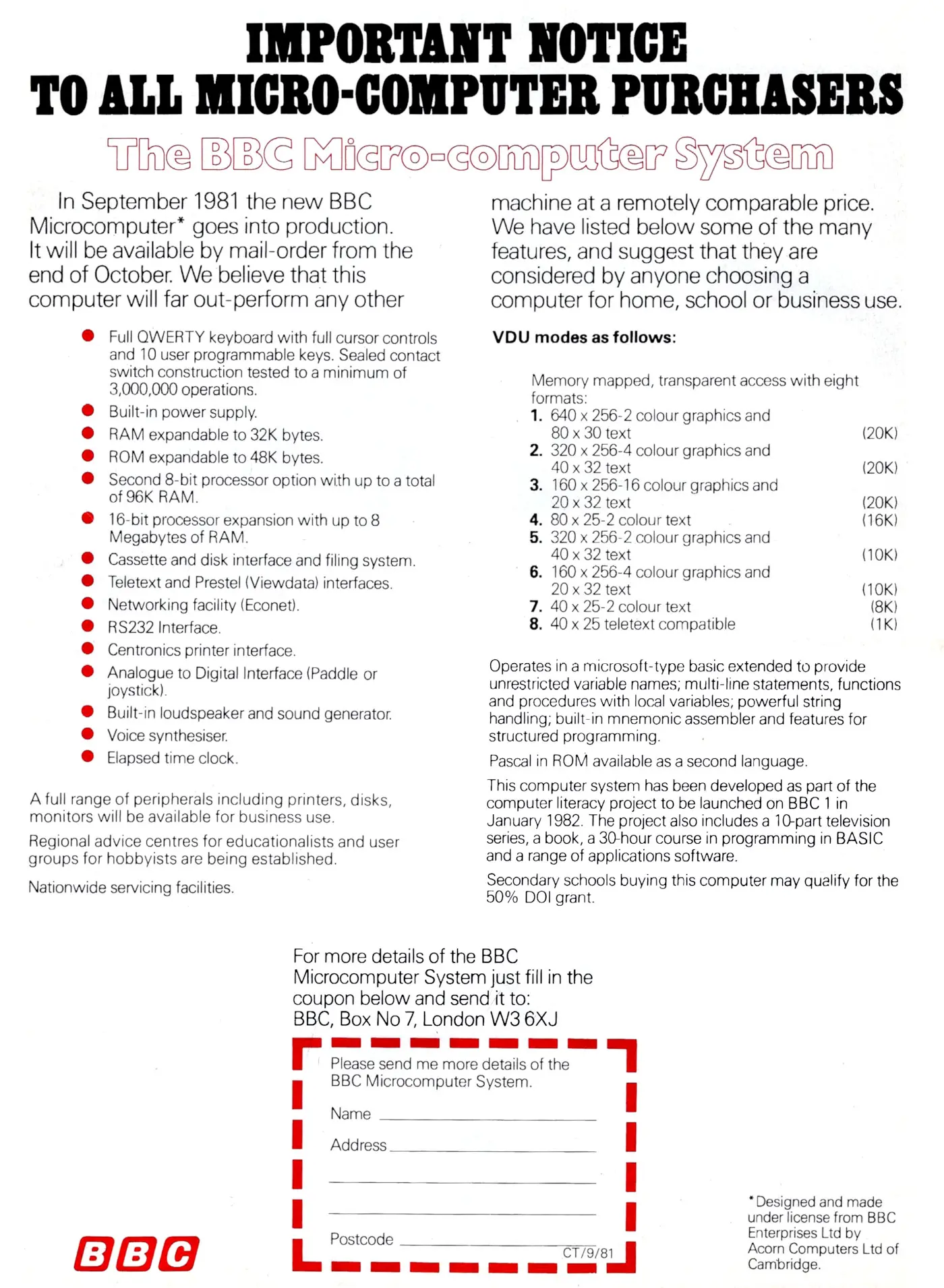 Acorn Advert: Important notice to all micro-computer purchasers: The BBC Micro-computer system, from Computing Today, September 1981