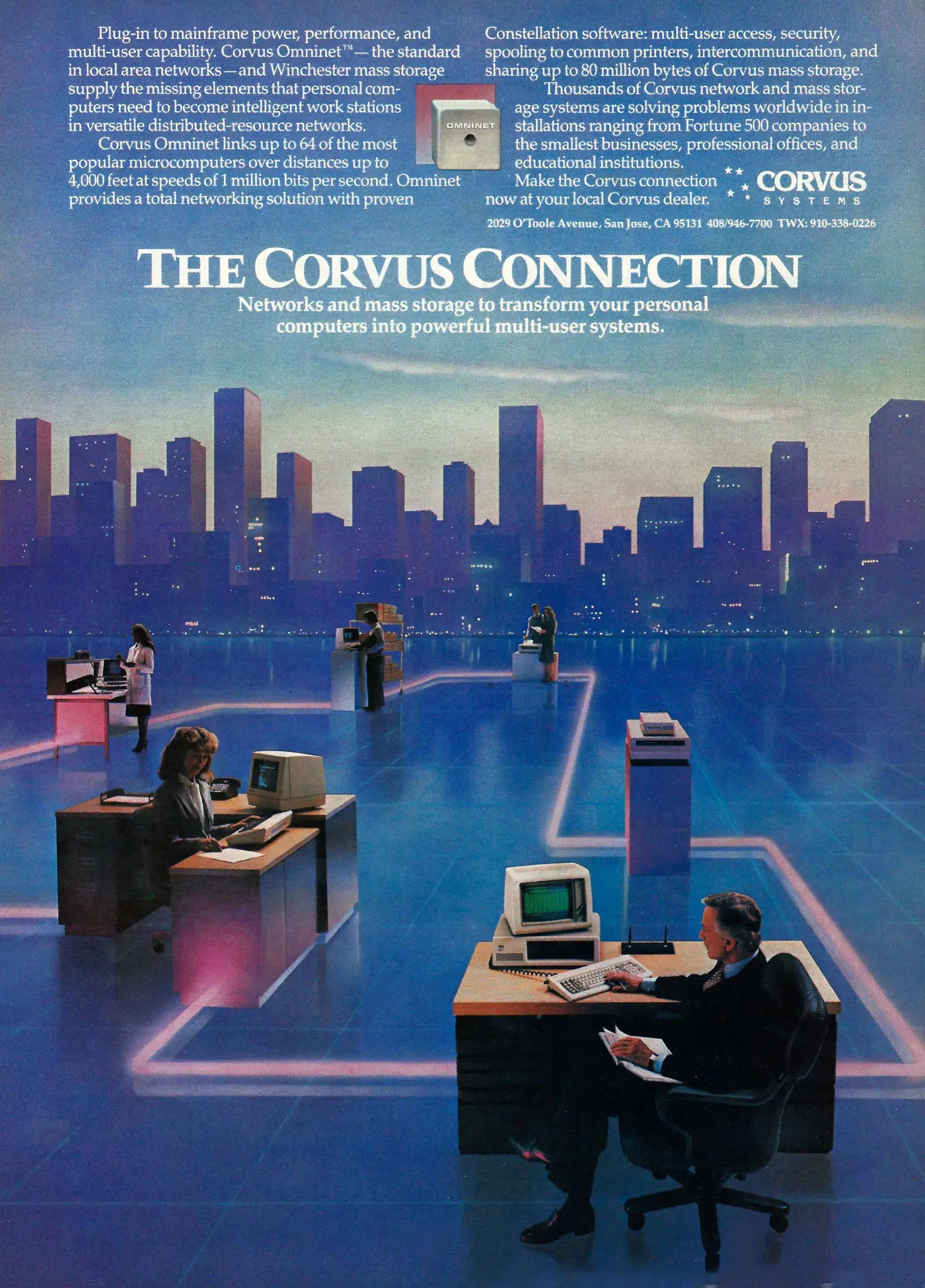 Corvus Advert: Omninet: The Corvus Connection, from Personal Computing, May 1982