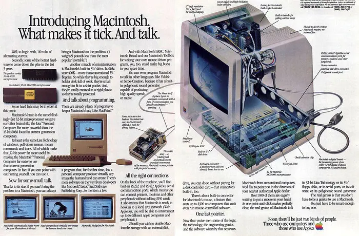 Apple Advert: Introducing Macintosh.  What makes it tick.  And talk., from Creative Computing, May 1984