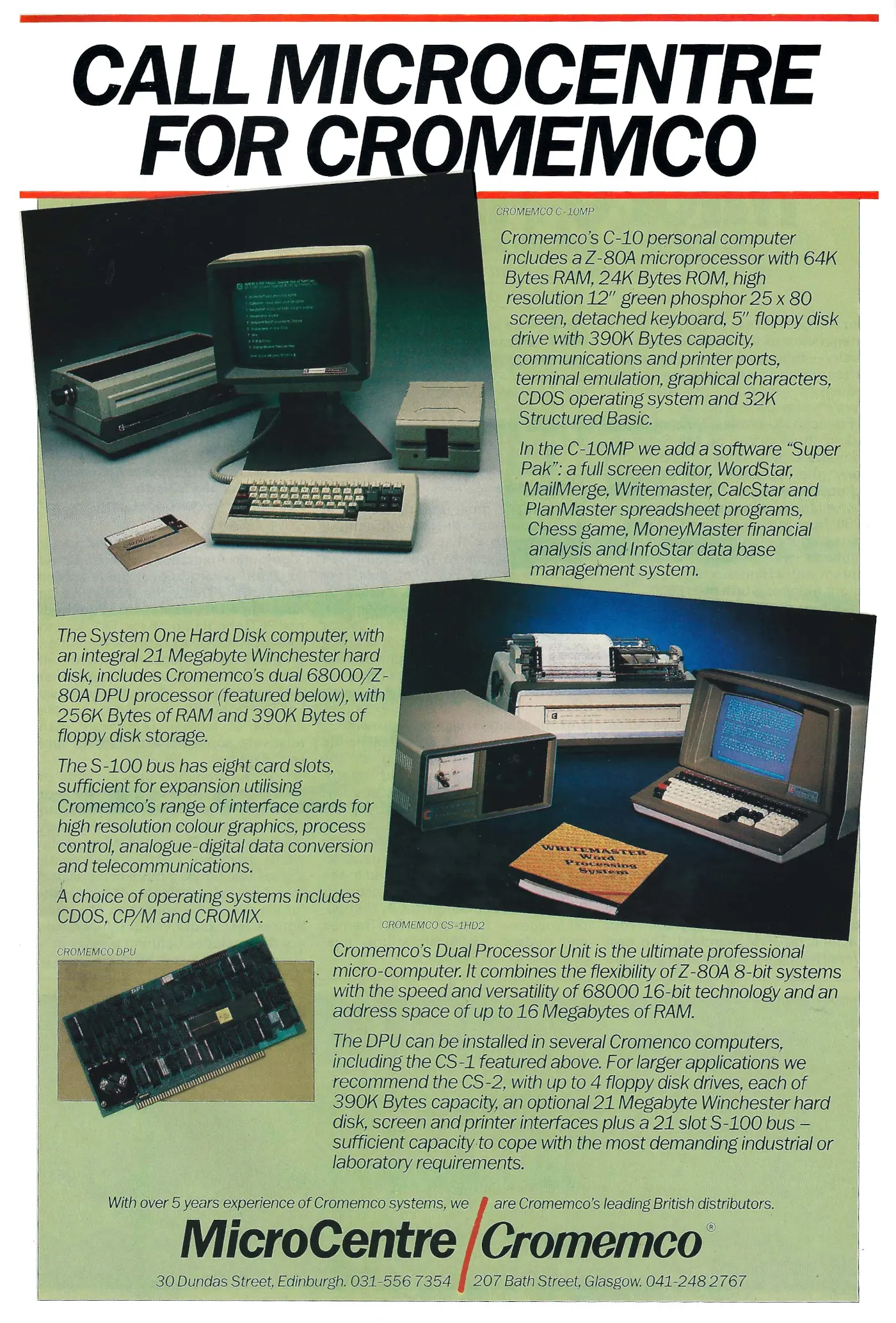 Cromemco Advert: Call Microcentre for Cromemco, from Personal Computer World, March 1984