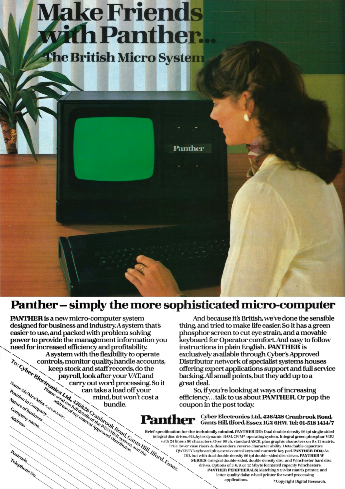 Cyber Electronics Advert: Make friends with Panther... The British micro system, from Personal Computer World, December 1981