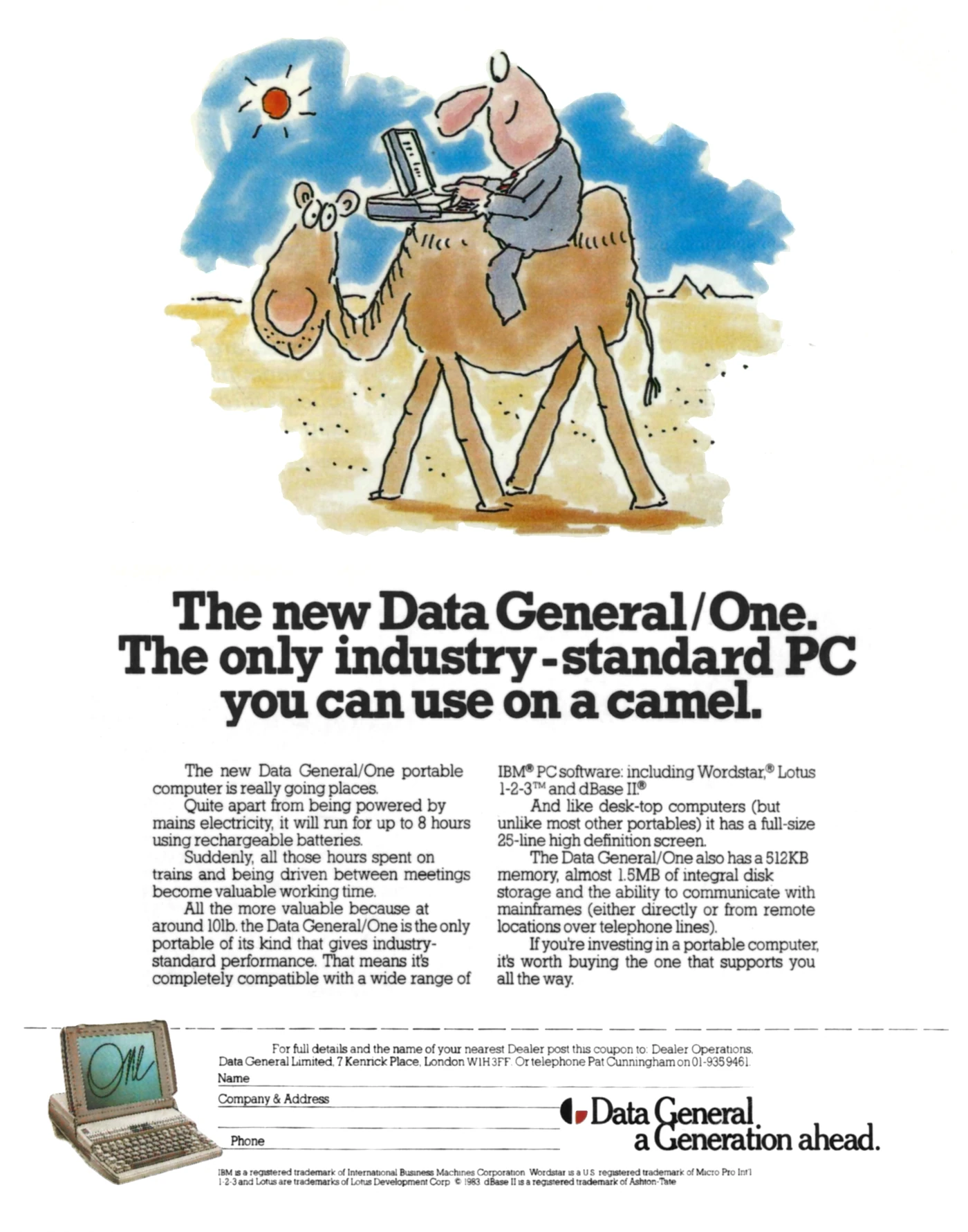 Data General Advert: The new Data General/One. The only industry-standard PC you can use on a camel, from Personal Computer World, May 1985