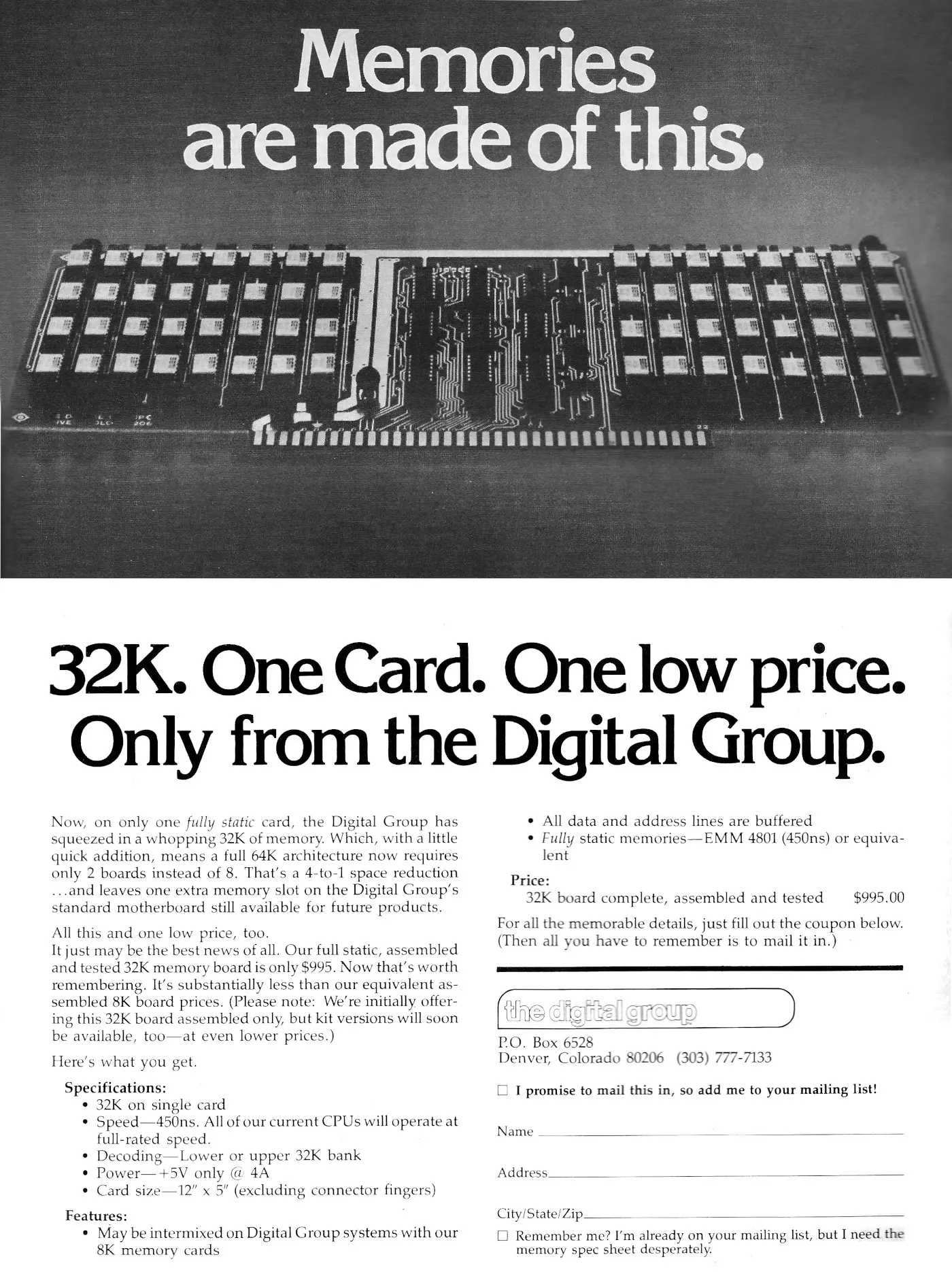 Digital Group Advert: 32K. One card. One low price. Only from The Digital Group, from Byte - The Small Systems Journal, August 1977