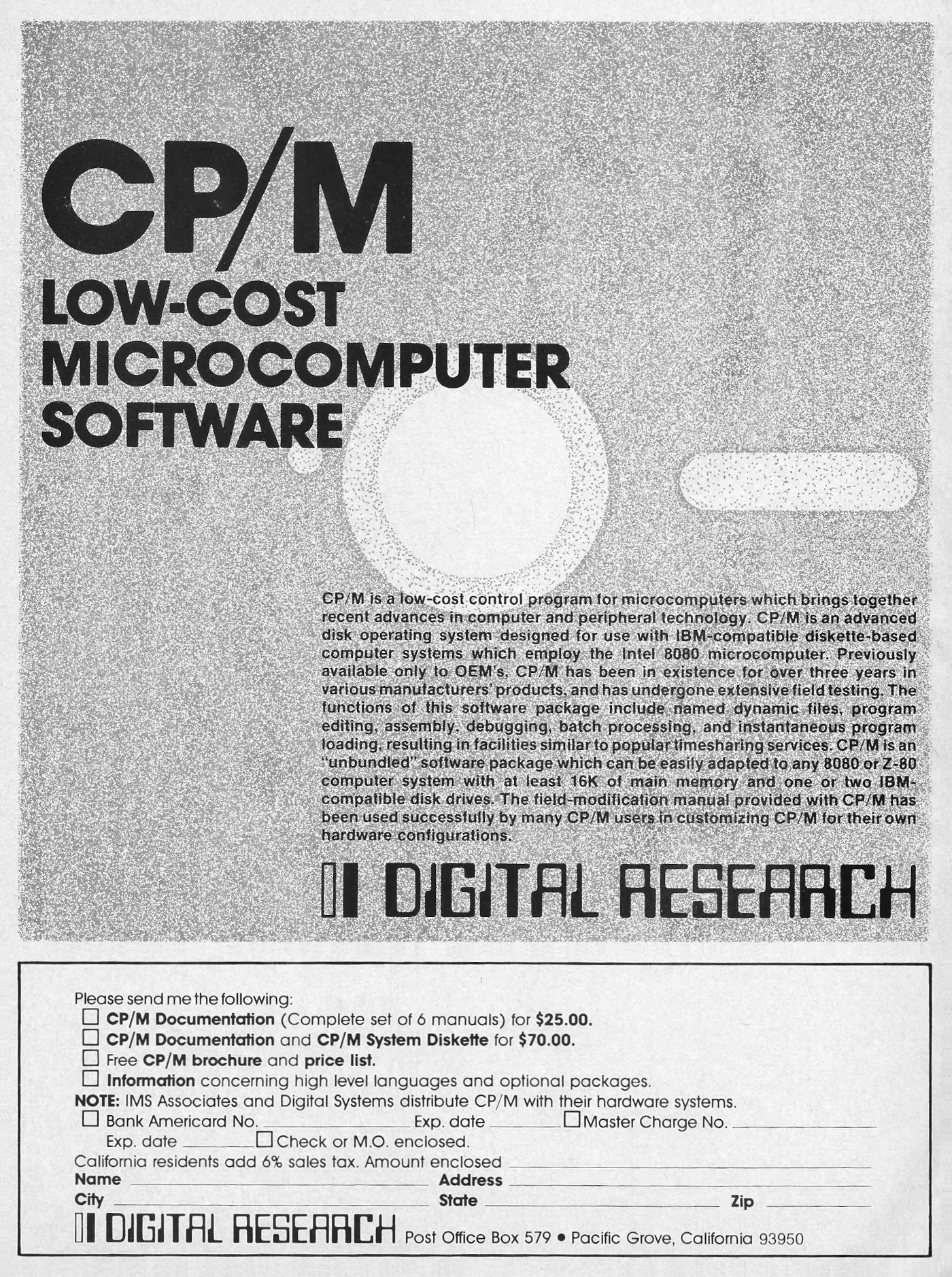 Digital Research Advert: CP/M Low-cost microcomputer software, from Byte - The Small Systems Journal, September 1977