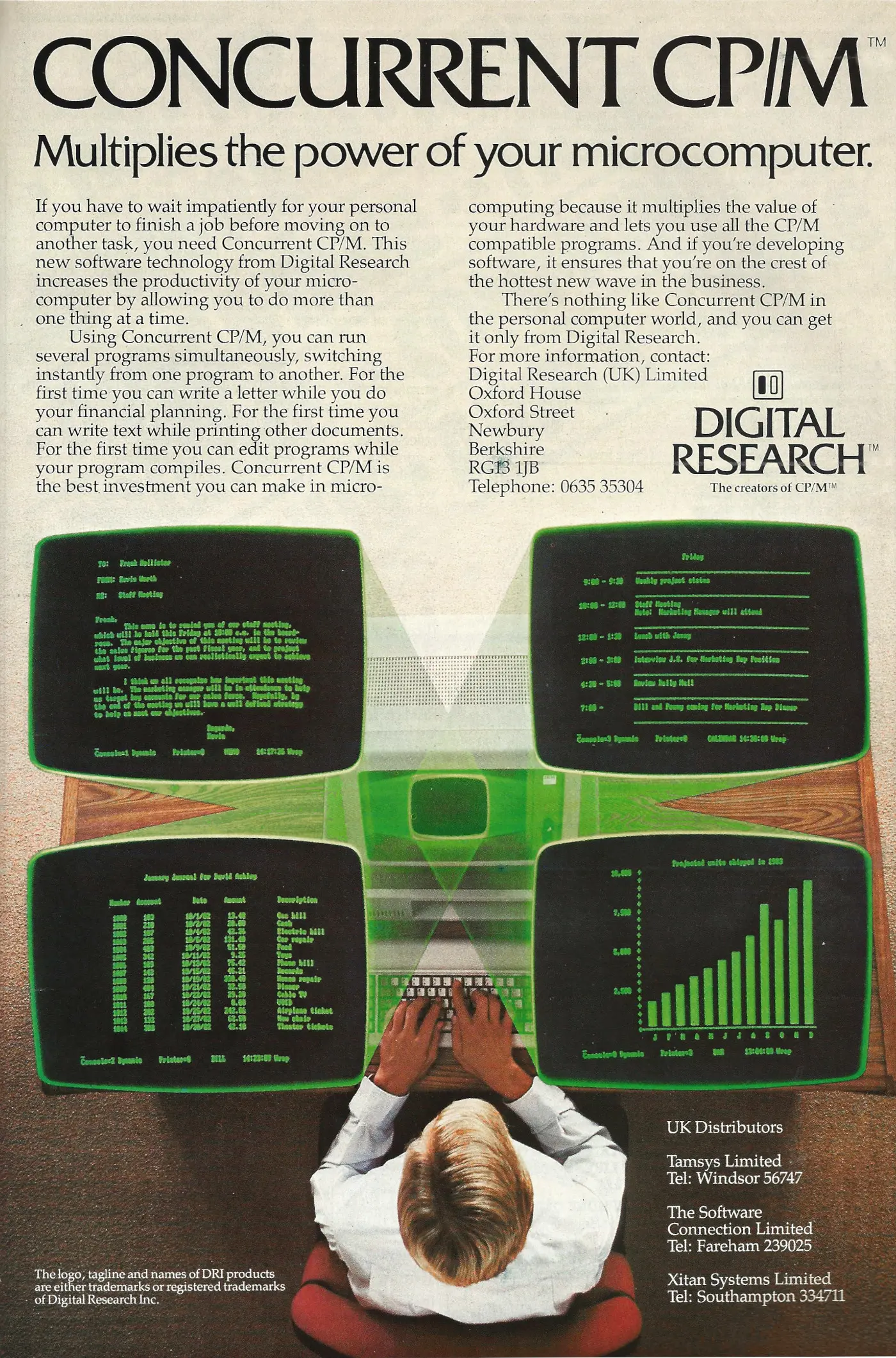 Digital Research Advert: Concurrent CP/M - Multiplies the power of your microcomputer, from Personal Computer World, March 1983