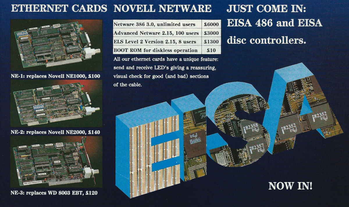 A promotion for EISA cards from a Solidisk Technology Ltd advert in August 1990's Personal Computer World, including the NE-1 and NE-2 updates for the legendary Novell NE1000 and NE2000 network cards, with the latter retailing for £140, which is around £390 in 2024. There's also a copy of Novell Netware 3.0 for sale - supporting unlimited users - for a whopping £6,000 - that's around £16,700 in 2024
