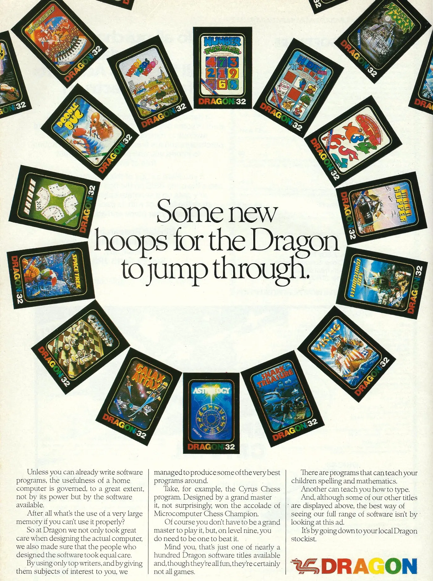 Dragon Data Advert: Some new hoops for the Dragon to jump through, from Electronics and Computing Monthly, November 1983