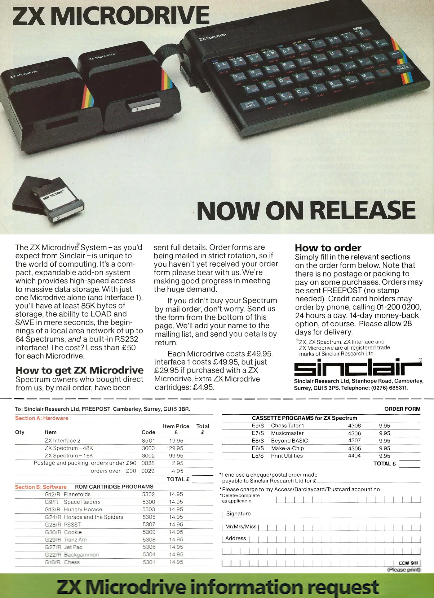 Sinclair Advert: ZX Microdrive - Now on release, from Electronics and Computing Monthly, November 1983