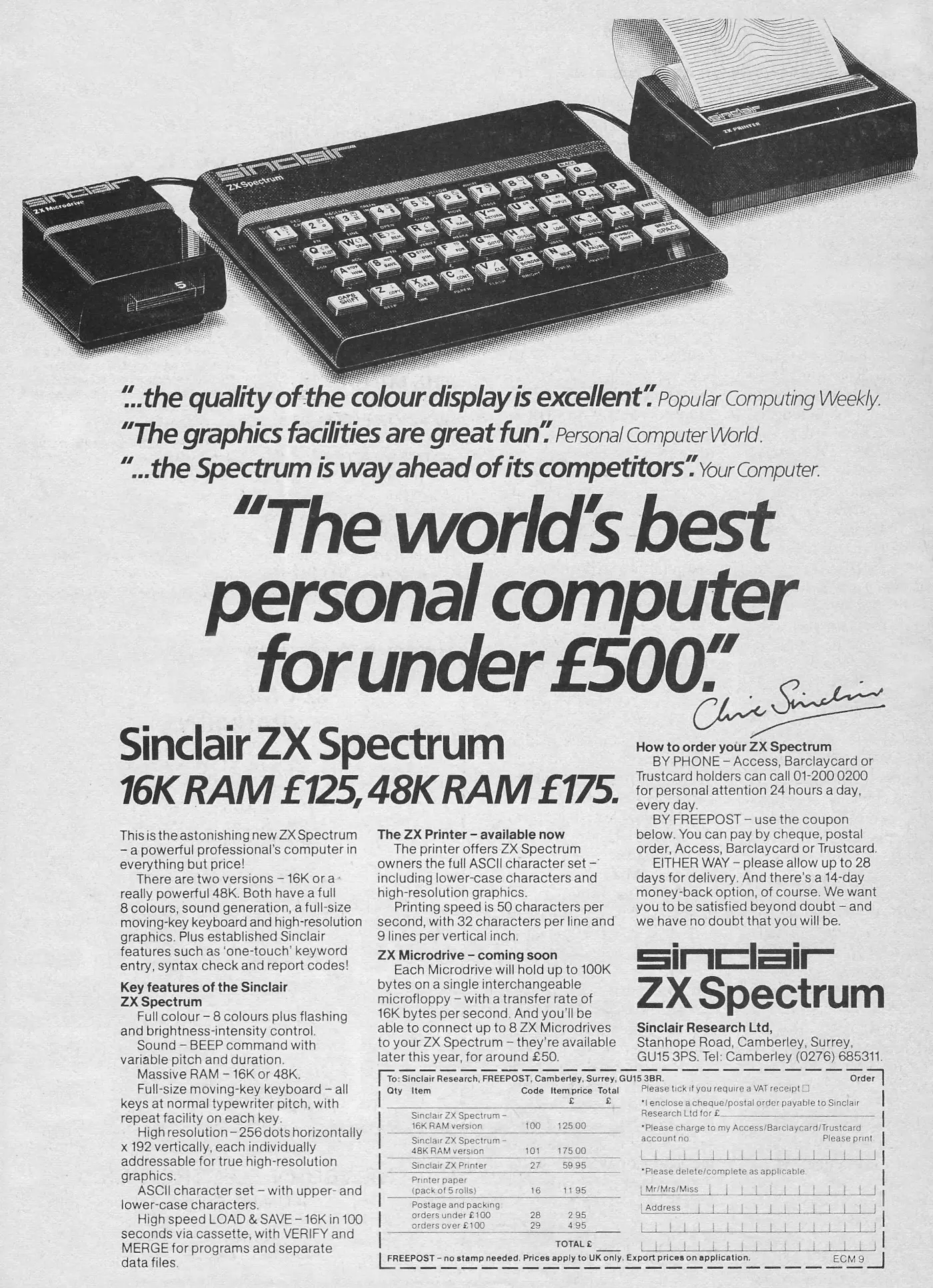 Sinclair Advert: The world's best personal computer for under £500, from Electronics and Computing, September 1982