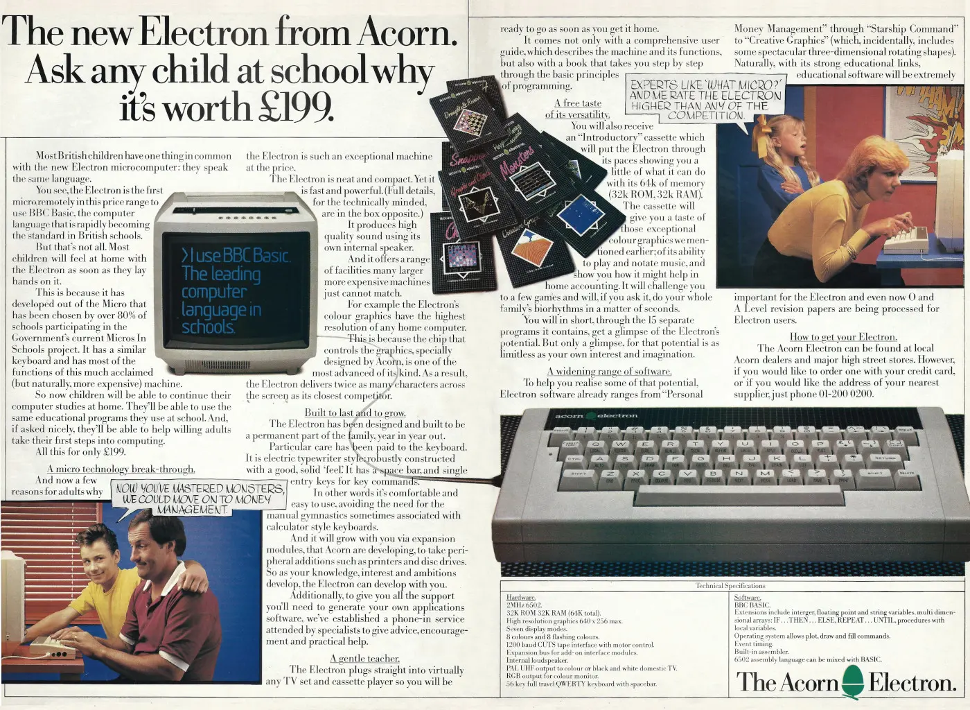 Acorn Advert: The New Electron from Acorn. Ask any child at school why it's worth £199, from Your Computer, July 1984