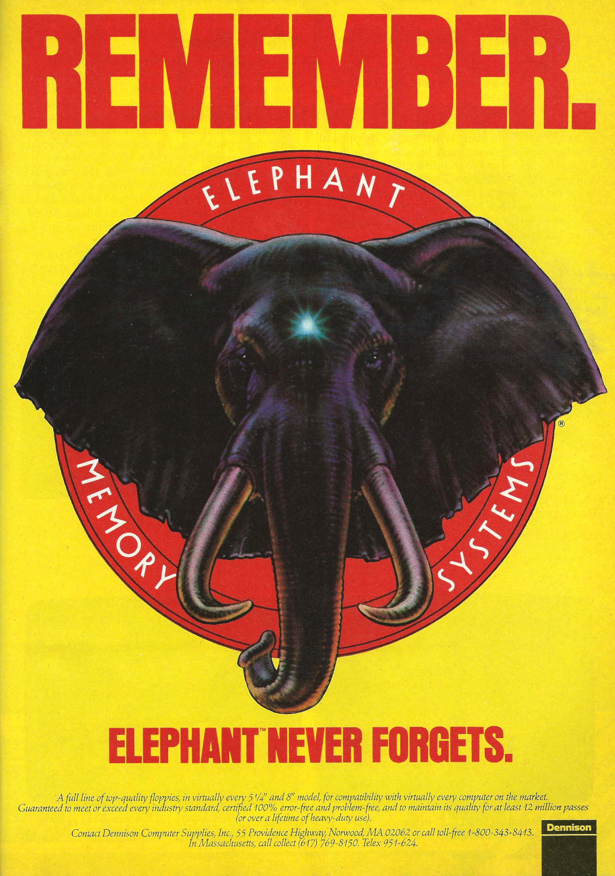 An advert for Leading Edge's <span class='hilite'><span class='hilite'><span class='hilite'>floppy</span></span></span> disk brand Elephant Memory Systems. The part of EMS which produced this and other 