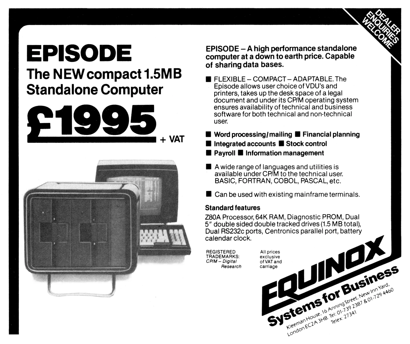 Equinox/Parasitic Advert: Episode: The new compact 1.5MB standalone computer, from Practical Computing, June 1982