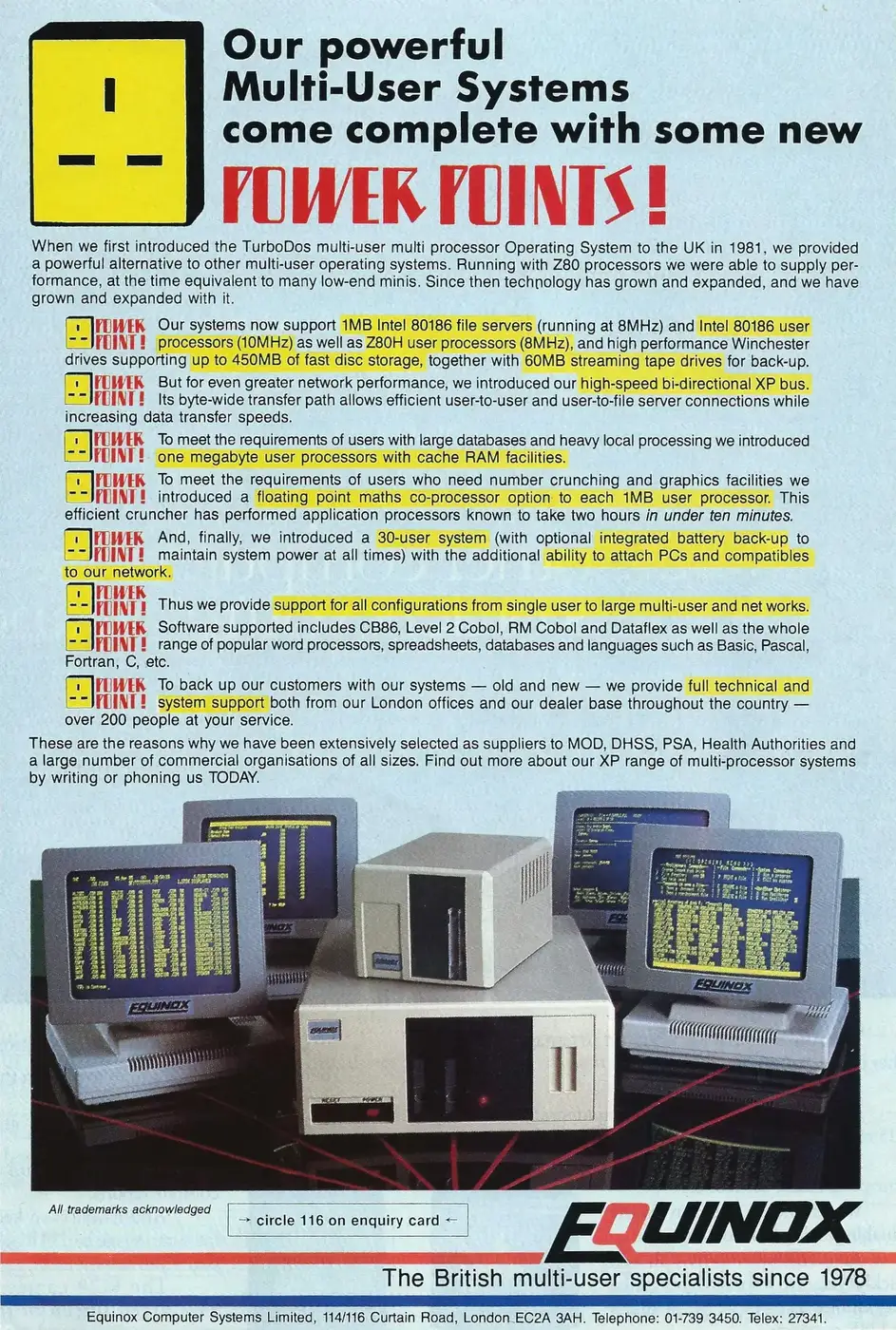 Equinox/Parasitic Advert: Our powerful multi-user systems come complete with some new Power Points!, from Practical Computing, October 1986