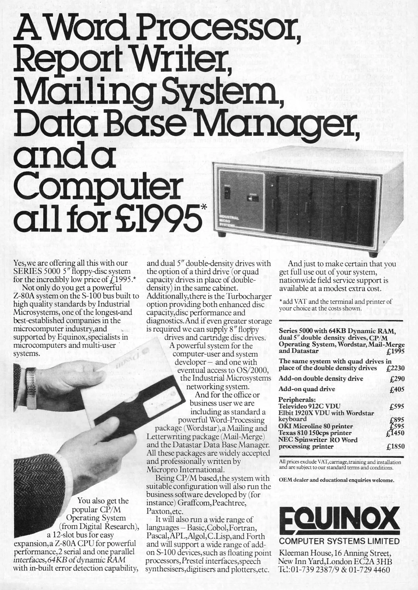 Equinox/Parasitic Advert: Equinox: A Word Processor, Data Base Manager and a computer all for £1,195, from Personal Computer World, January 1981