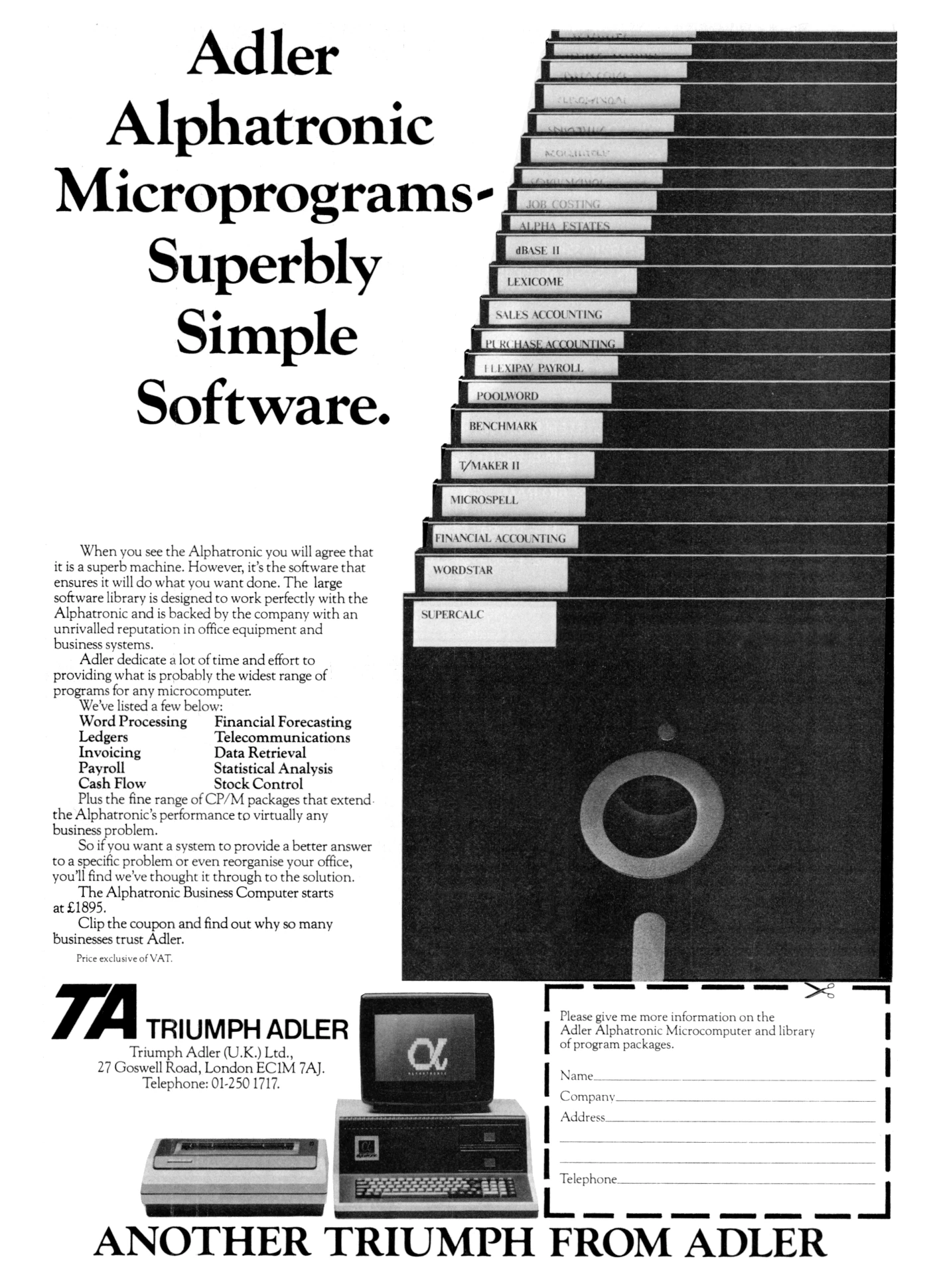 Software sells the hardware: Adler's earlier Alphatronic supported CP/M and so had a wide range of software available for it on floppy disk, including SuperCalc, Wordstar and Ashton-Tate's dBase II. From Practical Computing, August 1982