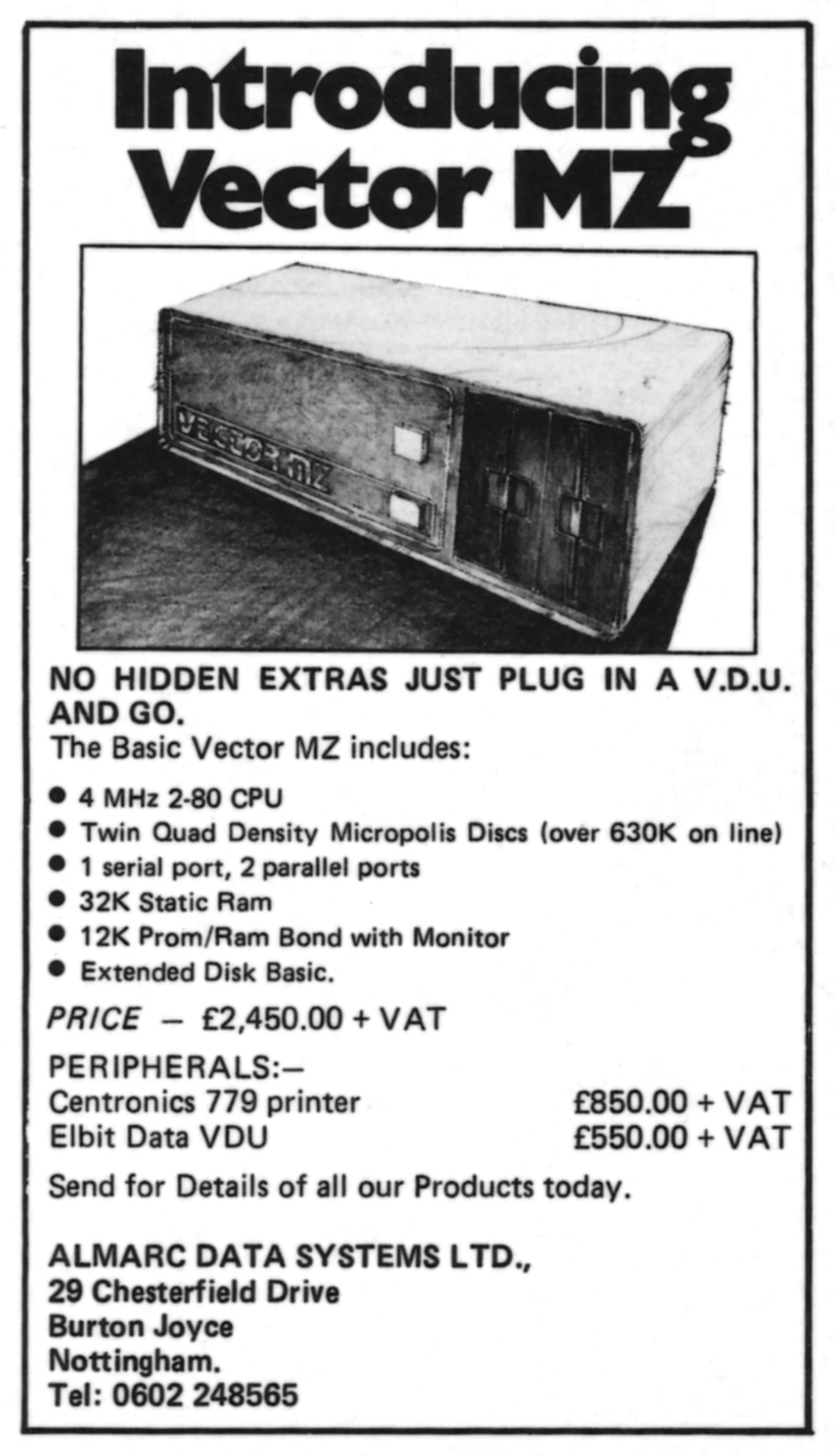 An earlier Almarc advert from September 1978, when the company was still based at Burton Joyce. It's also for the Vector MZ, selling at £2,650 including VAT, or about £19,800 in 2024