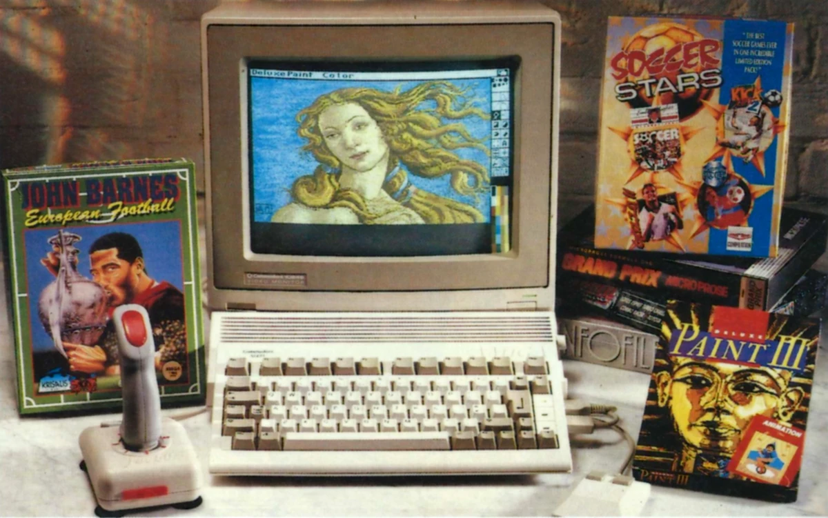 An Amiga 600 with a bunch of software, including Paint III and John Barnes European Football, in a promotional shot which featured in August 1993's Personal Computer World