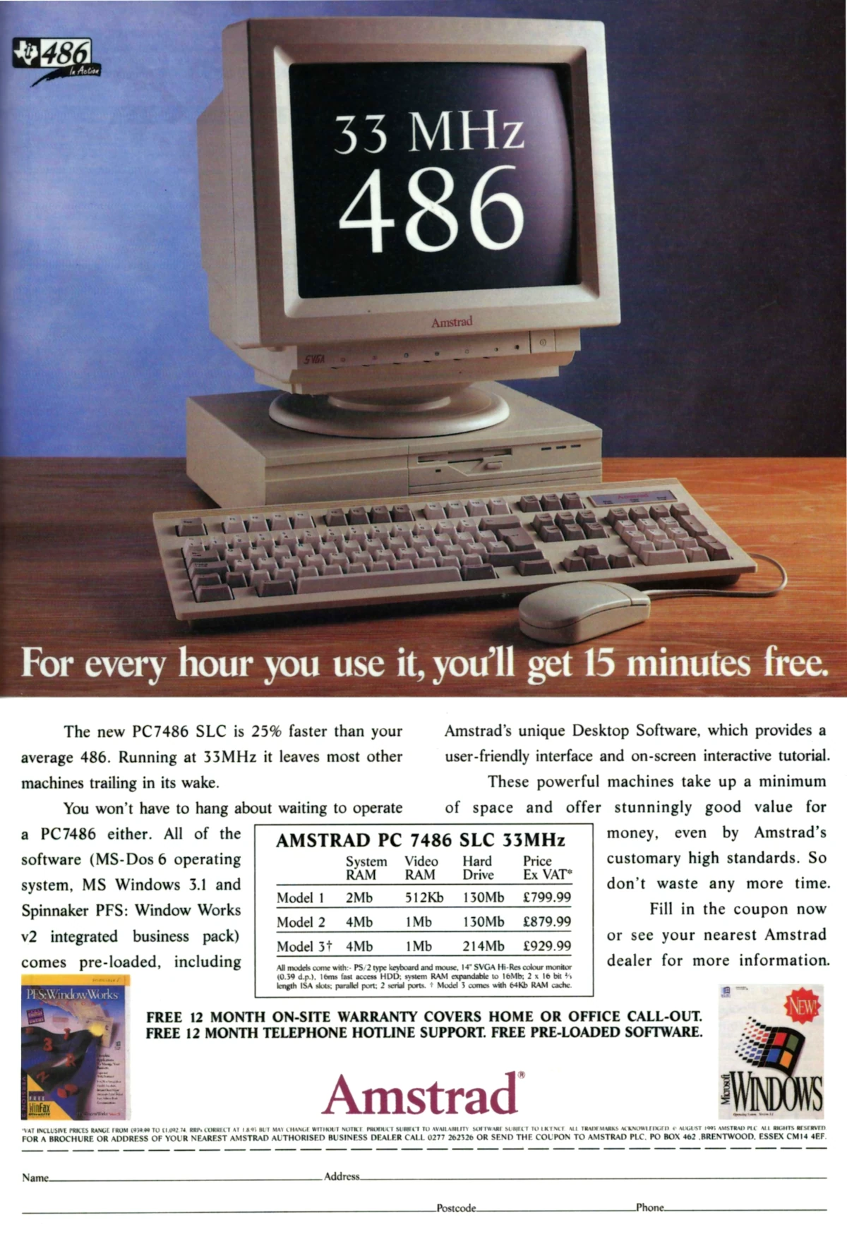 Such was the pace of processor evolution at the time that within just nine months of the main advert, which had featured 286 and 386-based micros, there's an update in the shape of Amstrad's PC7486 SLC - a 486-based micro running at 33MHz. The top-of-the-range machine, with 4MB memory and a 214MB hard drive, was available for a competitive £930 plus VAT, or around £2,400 in 2025.
