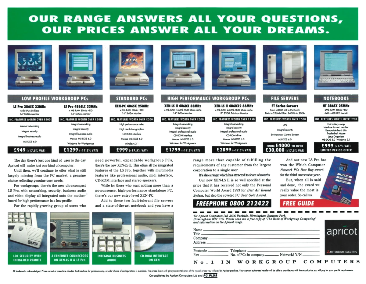 An advert from September 1993's Personal Computer World showing Apricot's complete range from the entry-level Low Profile Workgroup PC at £1115 (about £2,880 in 2025), through the Xen-LS II of the main advert - including the 66MHz 486DX2 variant at £3,400 (£8,790) - right up to file servers from £35,250 and up (£91,200)