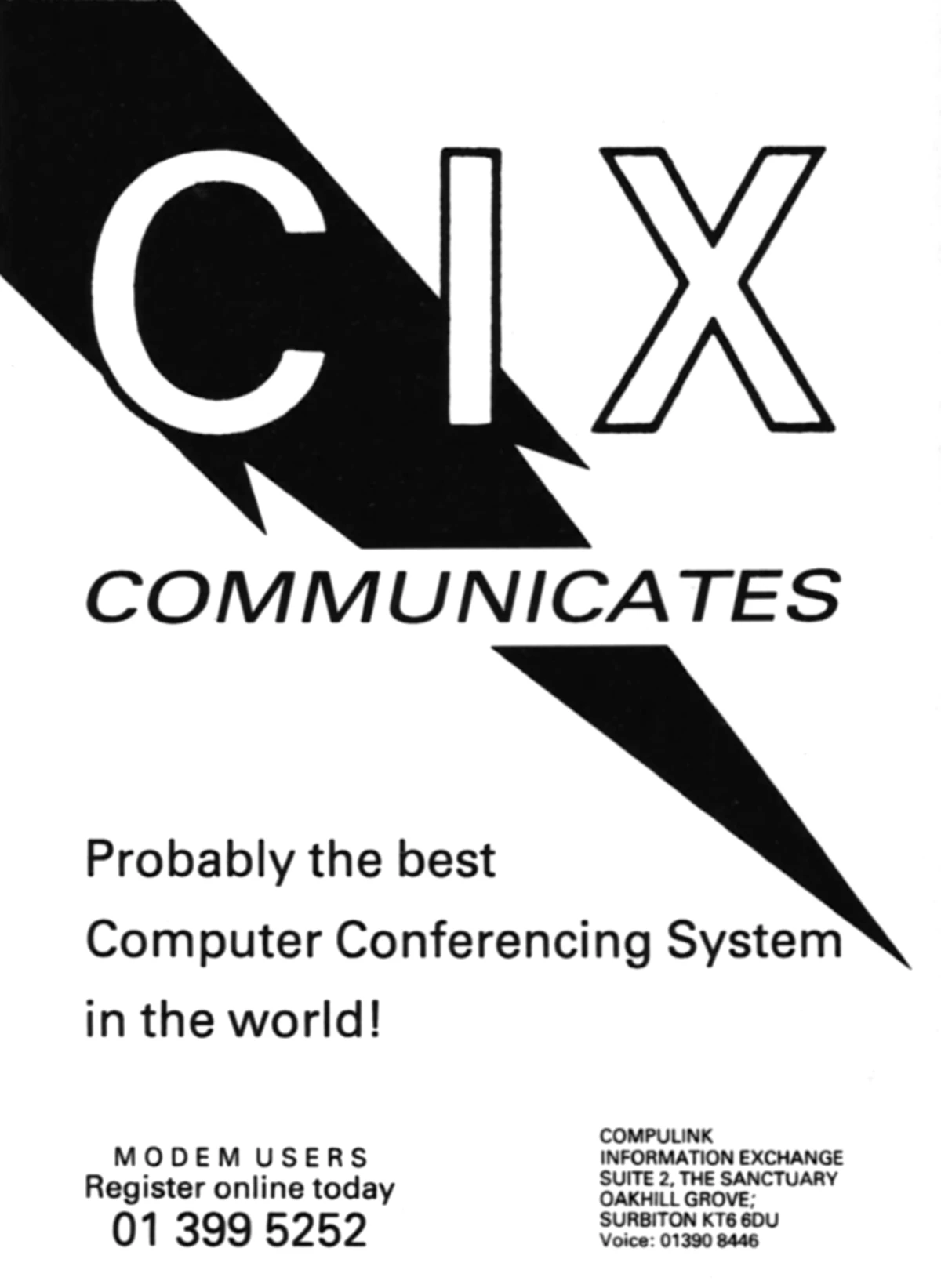 An advert for Compulink Information eXchange, or CIX, via its Surbiton, UK, office. From Personal Computer World, June 1989.