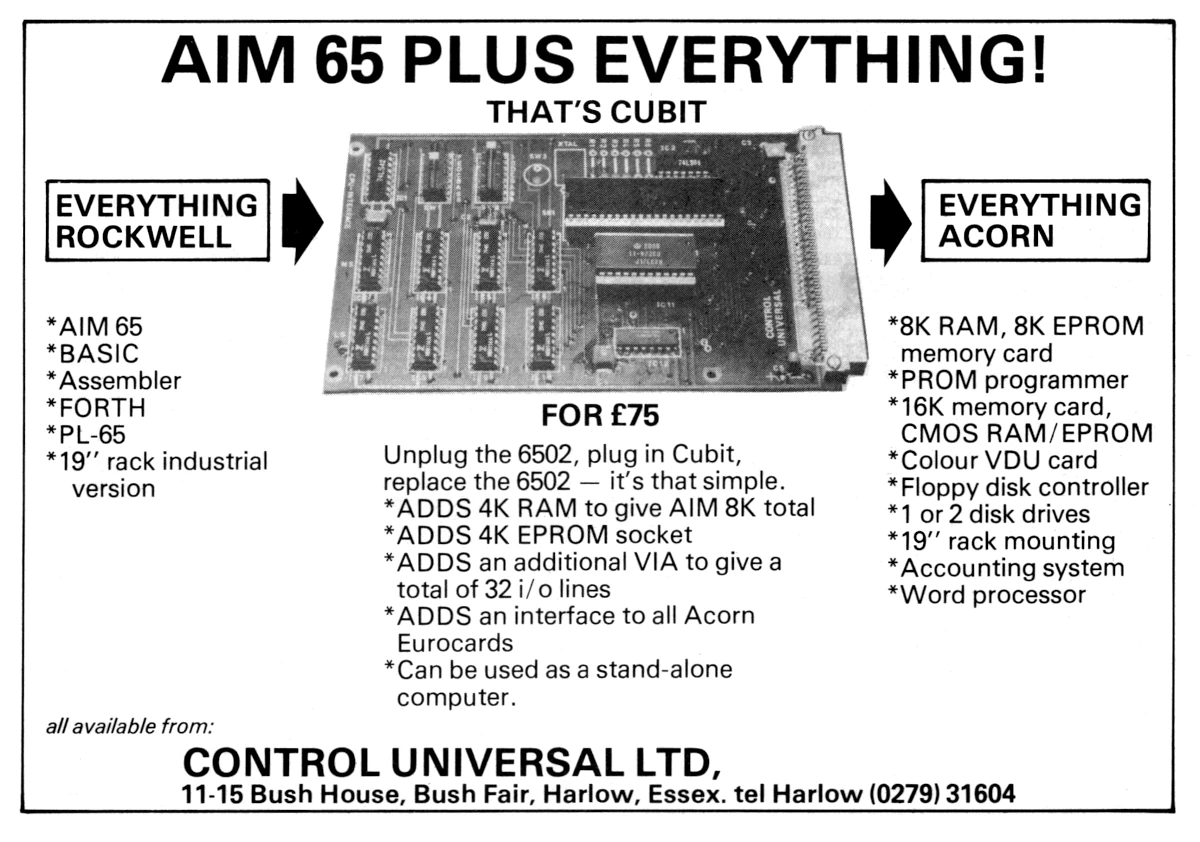 The CUBIT board from Control Universal Ltd, showing its ability to connect to Acorn's Eurocard products. From Practical Computing, January 1981