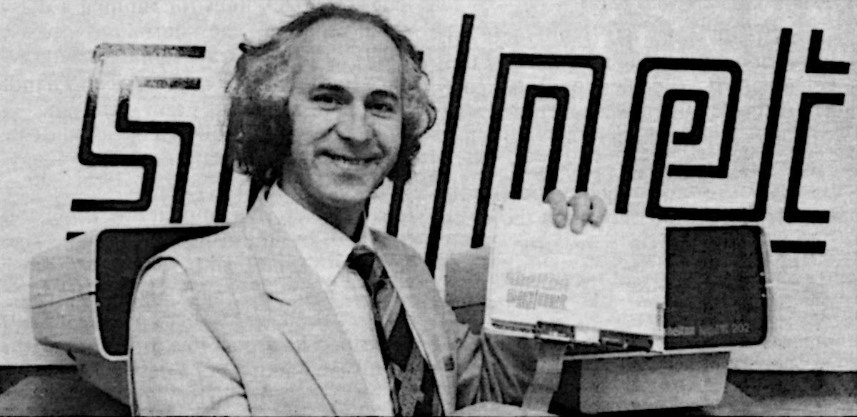 Chris Shelton at the launch of Sig/Net, as seen in September 1981's Practical Computing. The module's interconnecting ribbon cable can be seen at the bottom of the display Chris Shelton at the launch of Sig/Net, as seen in September 1981's Practical Computing. The module's interconnecting ribbon cable can be seen at the bottom of the display