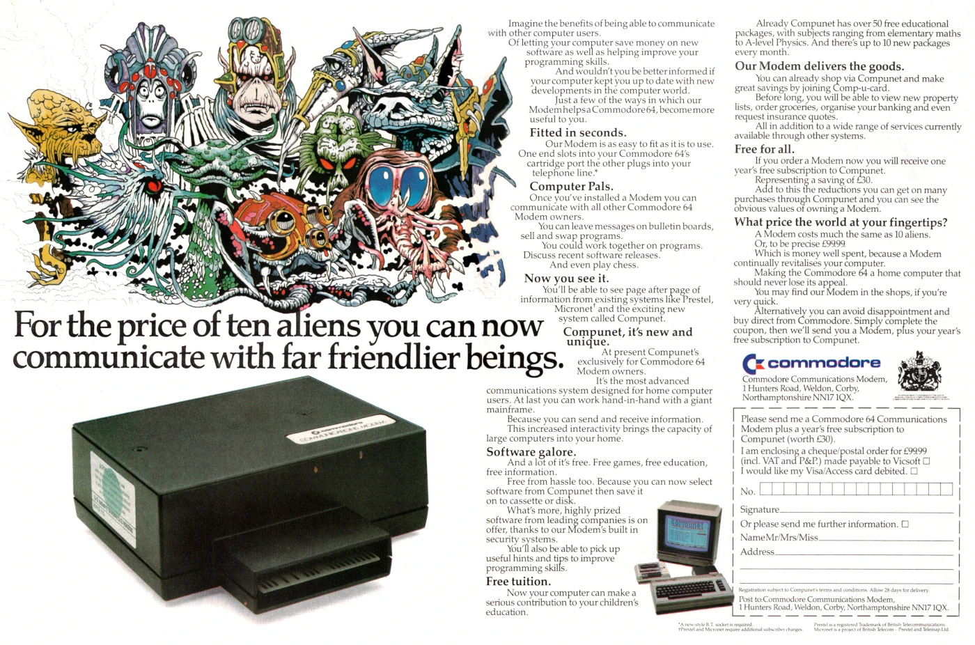 Also available in black: an advert for the Communications Modem from the previous year, when the modem was slightly more expensive at £99.99 - about £420 in 2026 - but still included the same free £30 Compunet subscription. From Practical Computing, November 1984