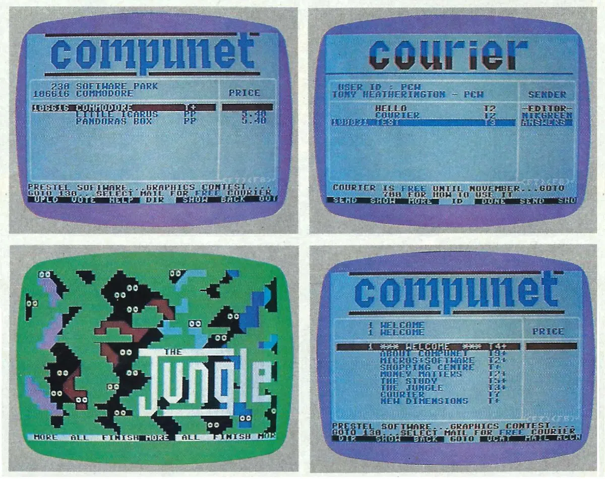 Screenshots from the Compunet service showing the main menus, the Courier messaging service, and The Jungle - a user-generated content area. From Personal Computer World December 1984