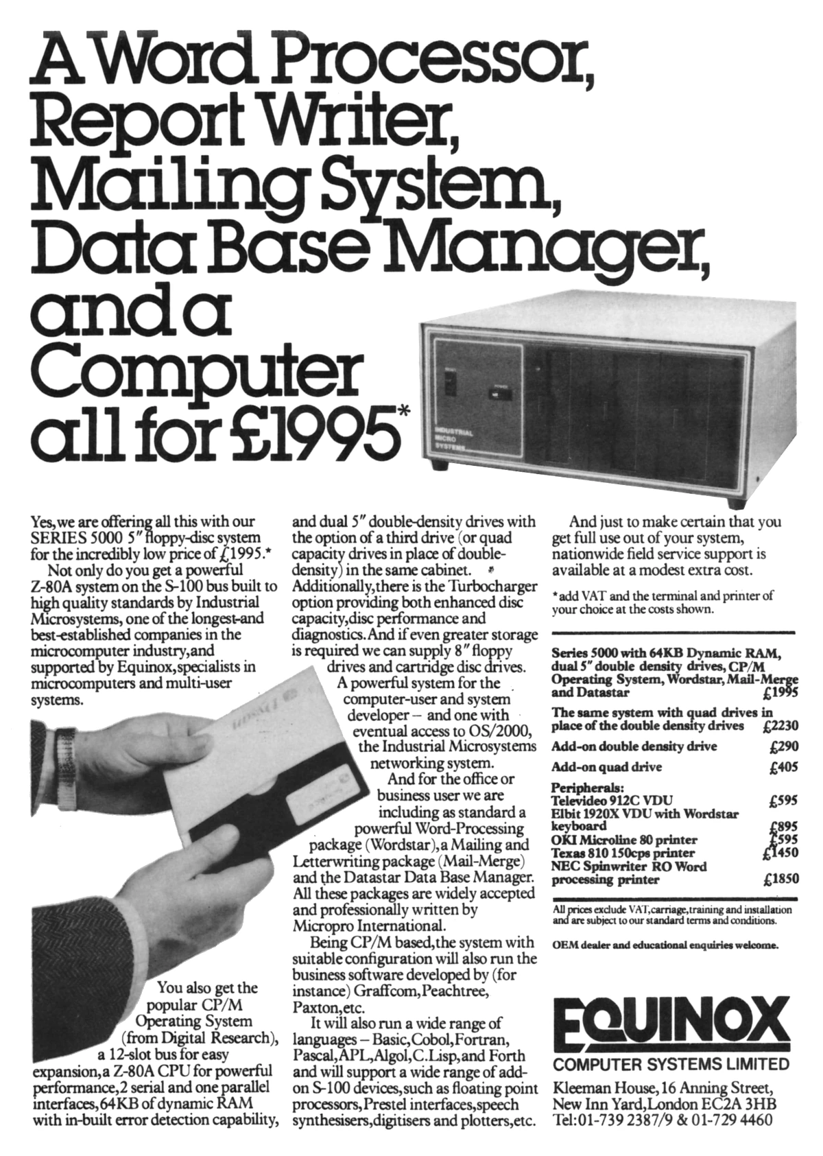 A similar advert from Equinox for a word-processing system, also with a 