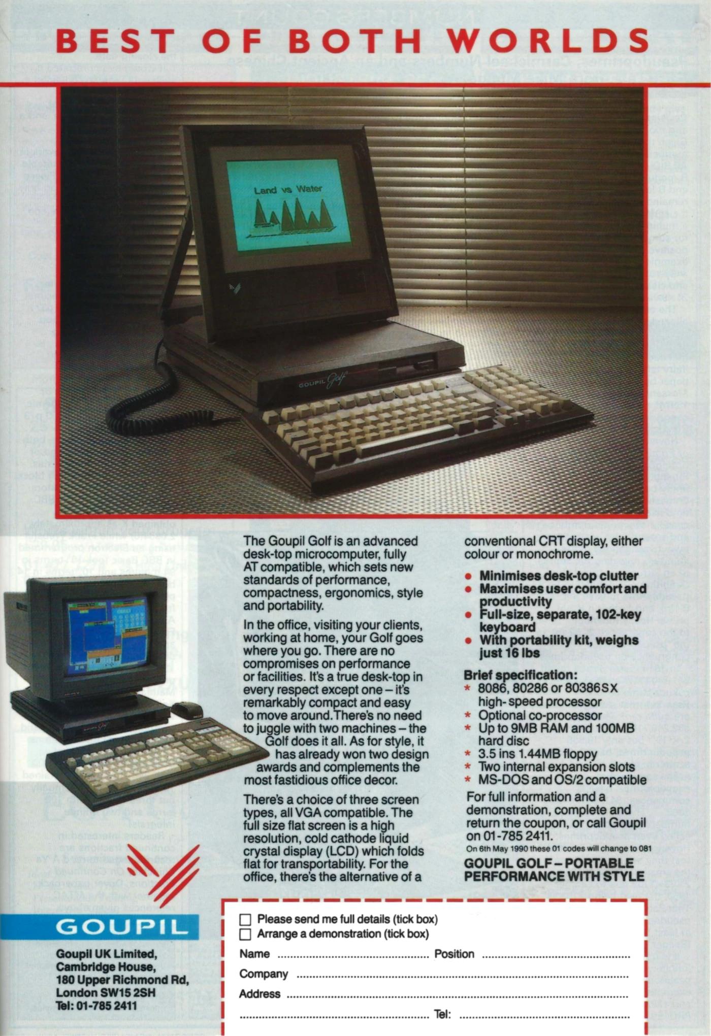 An advert for the Golf - now with the option of a 386SX processor - from Personal Computer World, April 1990