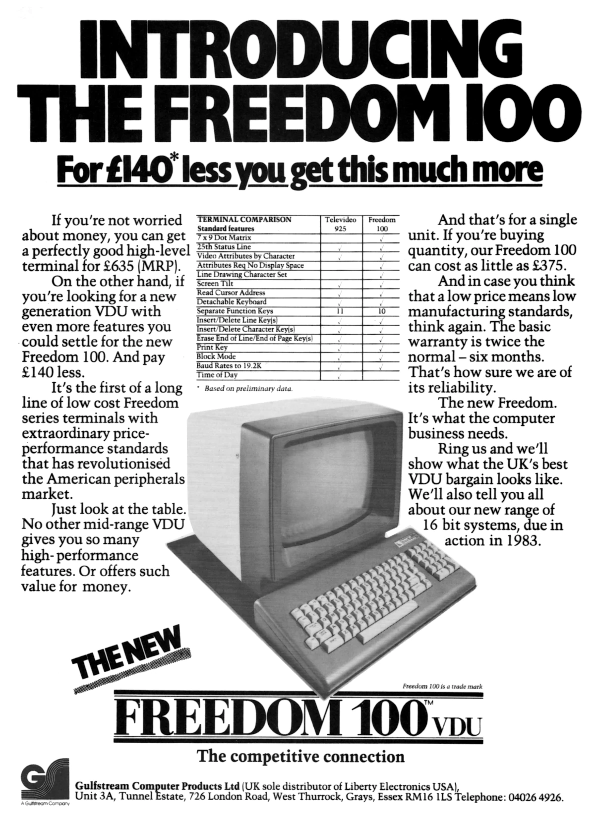 Gulfstream was also a reseller, and here it's offering Liberty Electronics' patriotically-named Freedom 100 VDU terminal, which retailed for £500 - about £2,120 in 2024