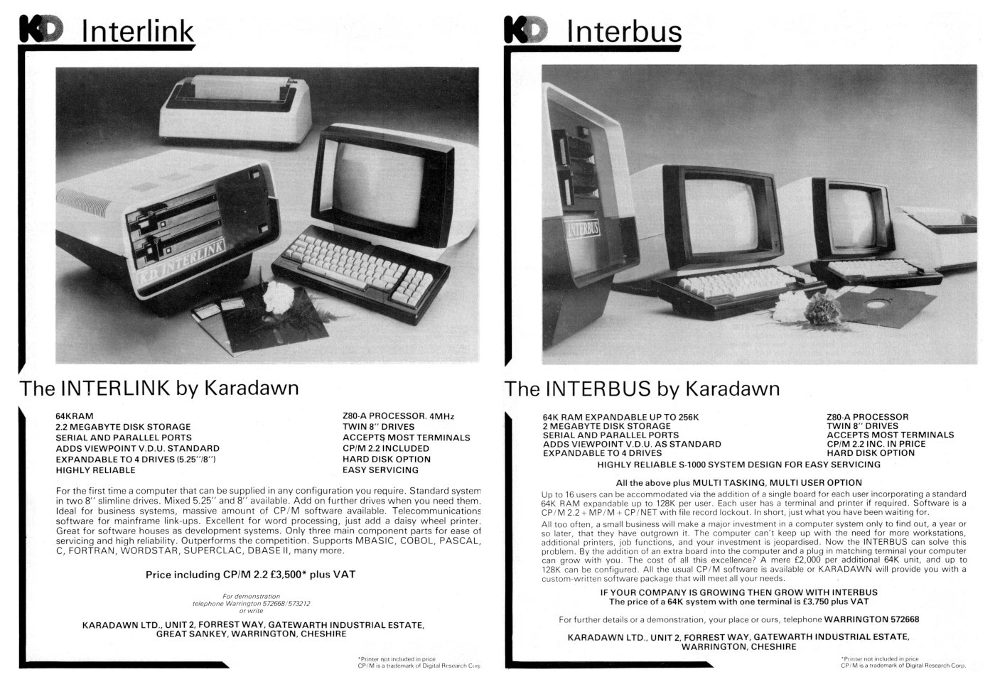 A pair of adverts from May 1982's Practical Computing showing Karadawn's new Interlink and Interbus systems
