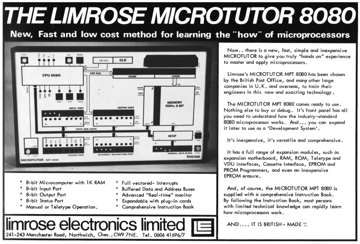 Limrose Electronics' Microtutor 8080, released in the mid 1970s and still for sale in 1978. From Personal Computer World, July 1978