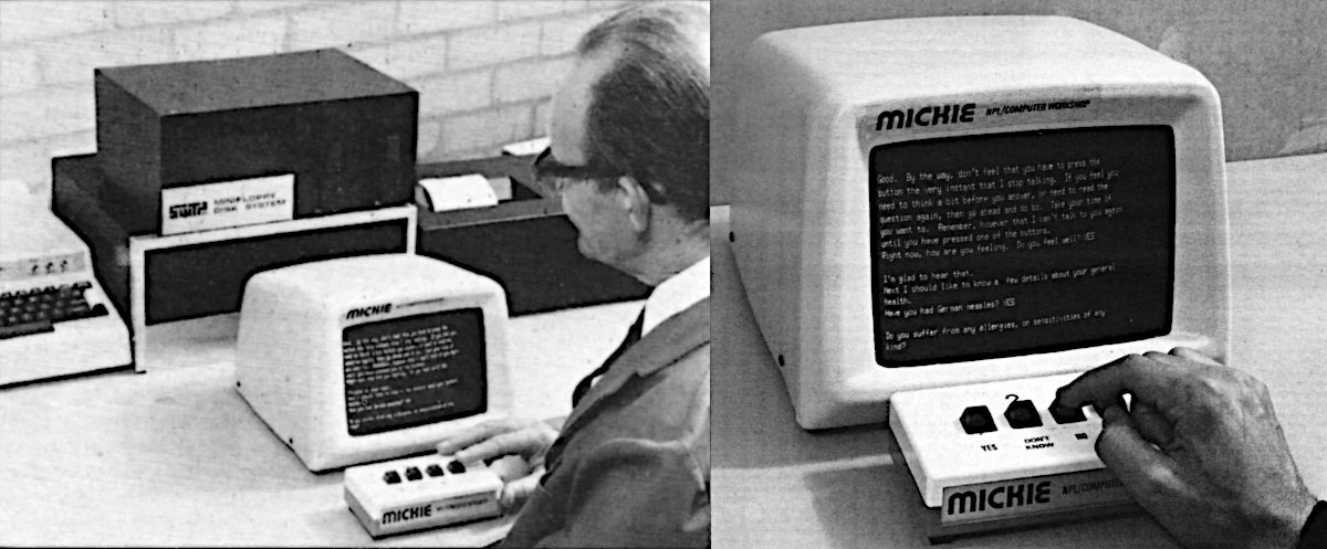 Mickie, connected to a SWTPC 6800 micro, undergoes testing at the NPL. From Personal Computer World, December 1978