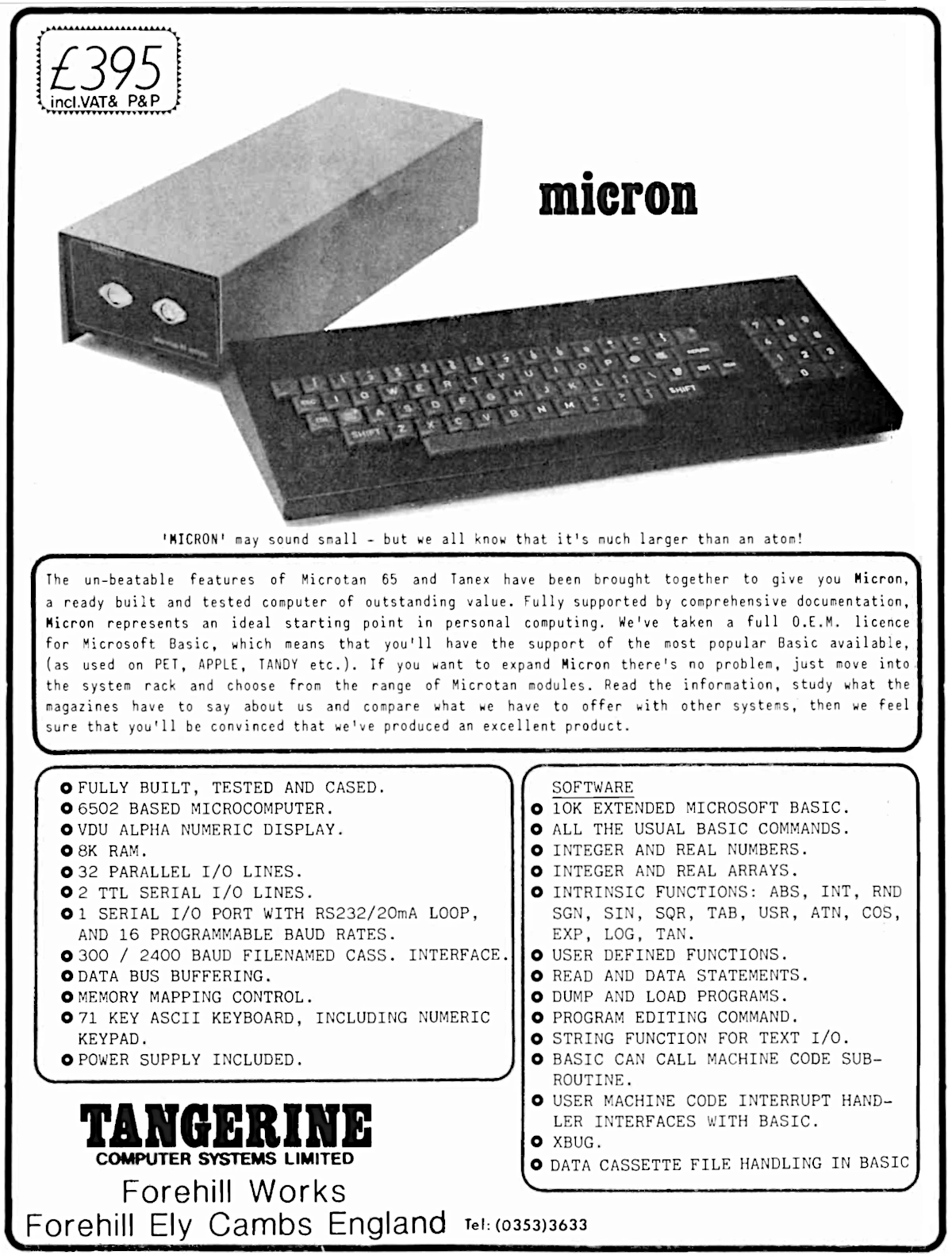 Tangerine's Micron pre-assembled system, as advertised in October 1980's Electronics Today International