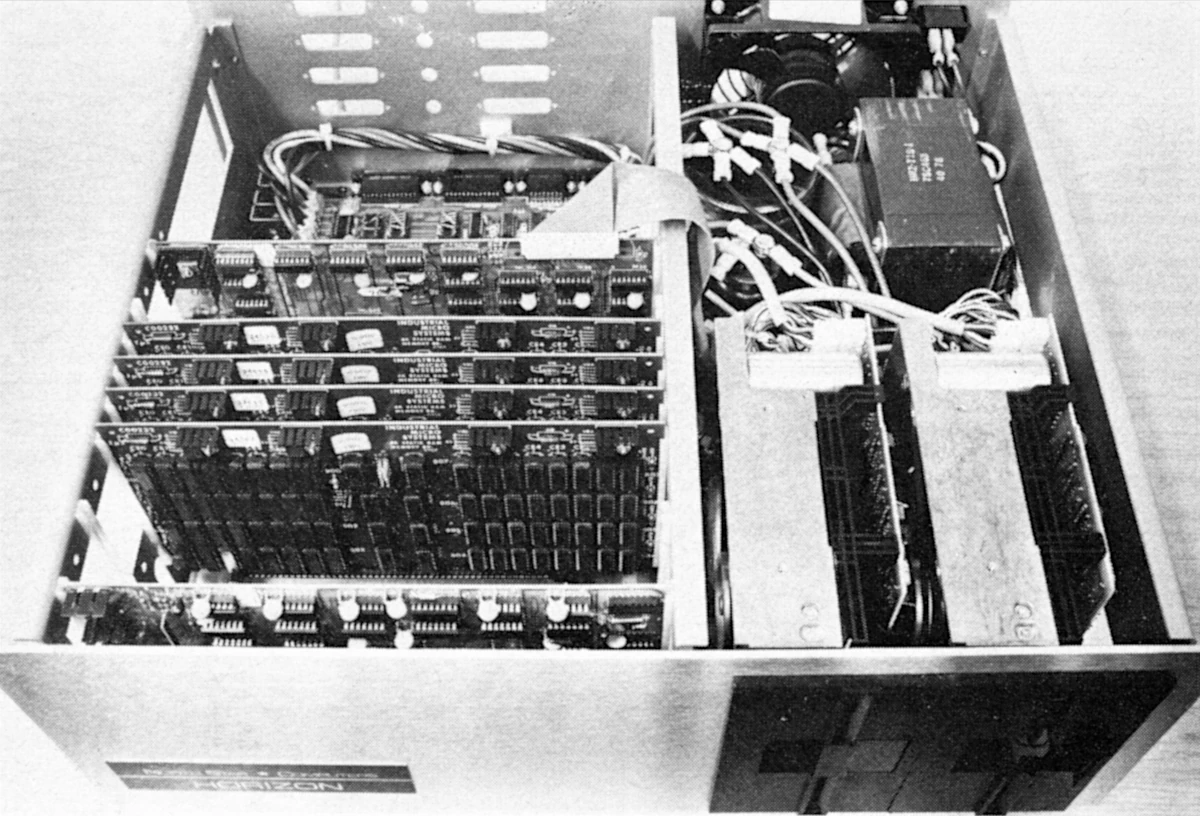 Inside a North Star Horizon, showing the twelve-slot <span class='hilite'><span class='hilite'>S-100</span></span> motherboard. From Practical Computing, April 1979