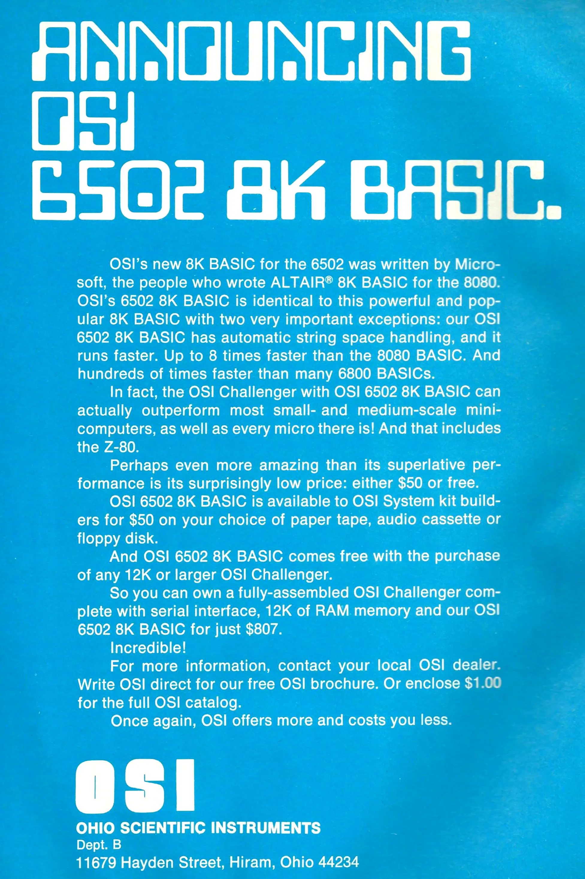 OSI announces its new OSI 6502 8K BASIC in April 1977's Byte magazine.